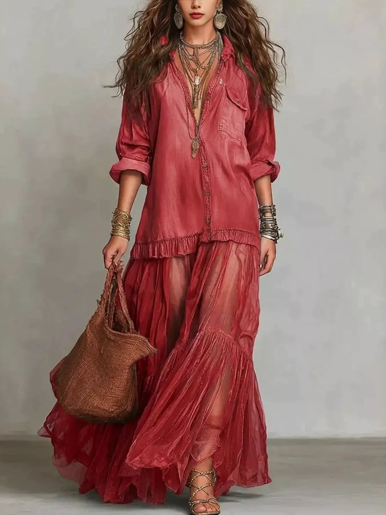 Trendsi Full Size Tiered Long Sleeve Denim Shirt Maxi Dress Plus Size -