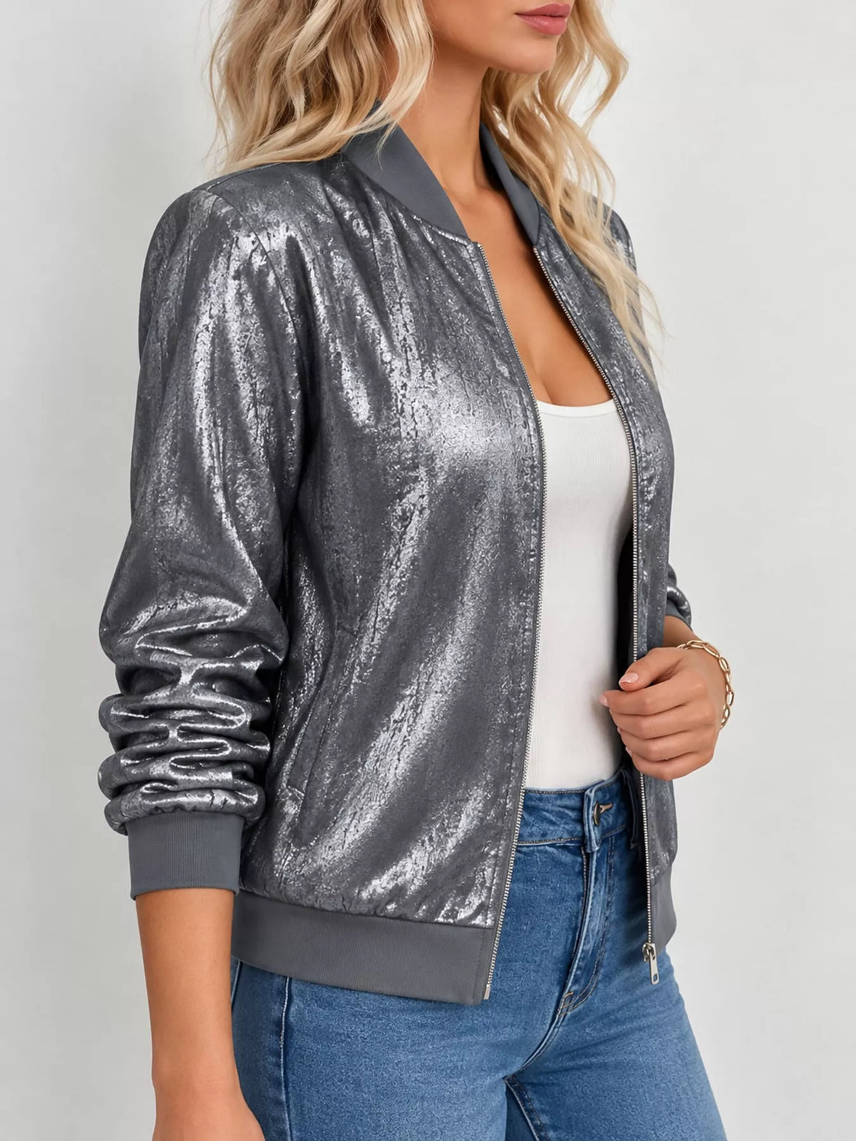 Zip-up bomber jacket, gray metallic side