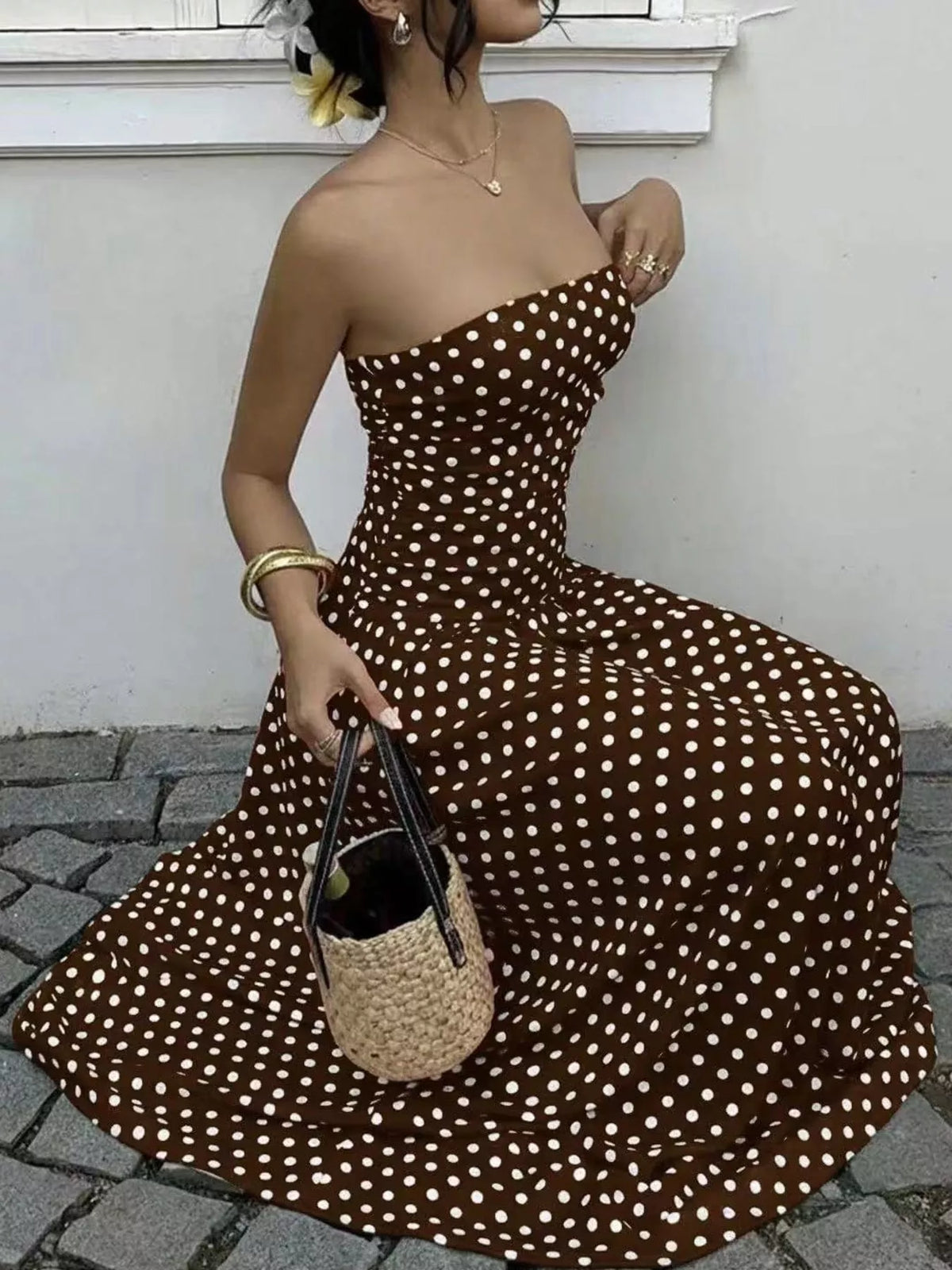 Women's Strapless Polka Dot Ruched Maxi Dress in brown dots — front view