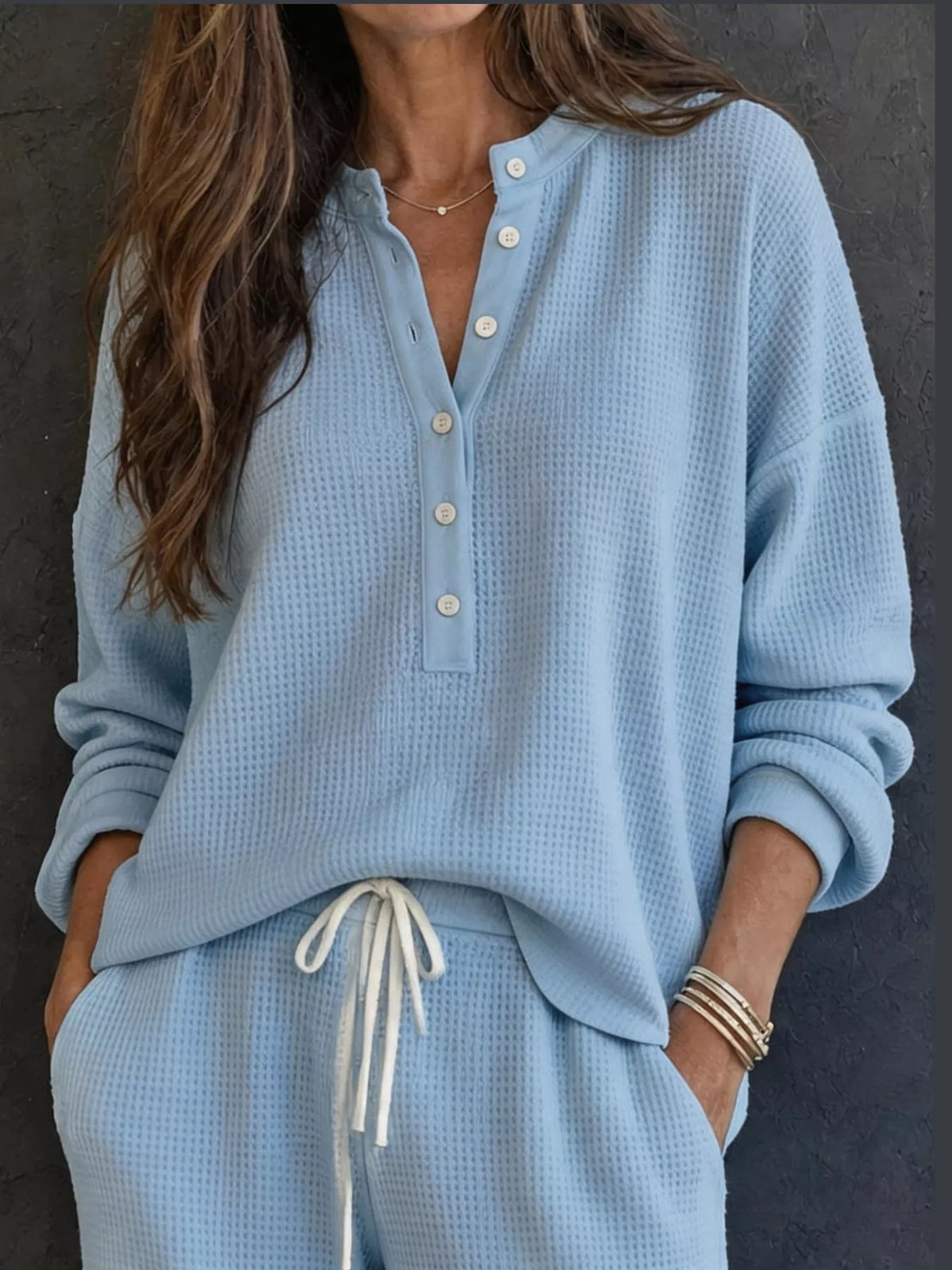 Blue waffle knit button detail top and pants set