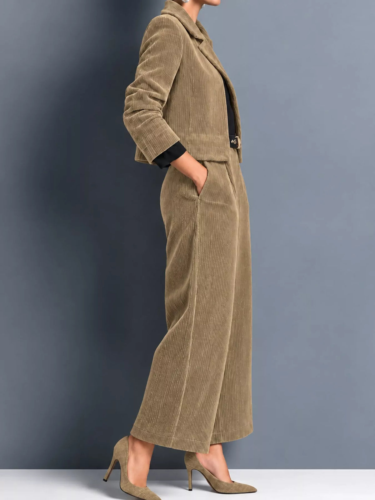 Corduroy Button Up Blazer and Pants Set in beige