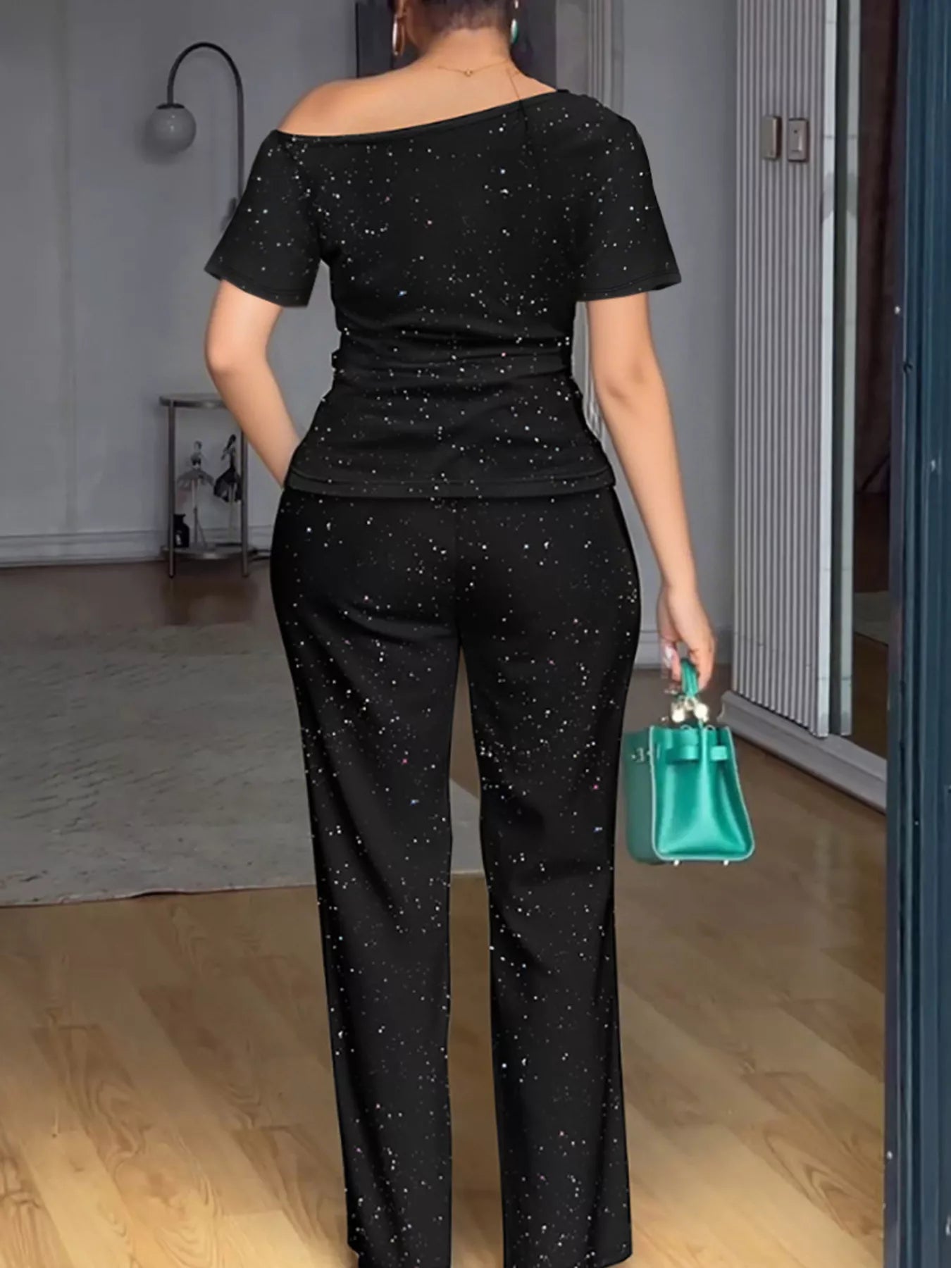 Trendsi Full Size Glitter Off-Shoulder Short Sleeve Top and Pants Set Plus Size -