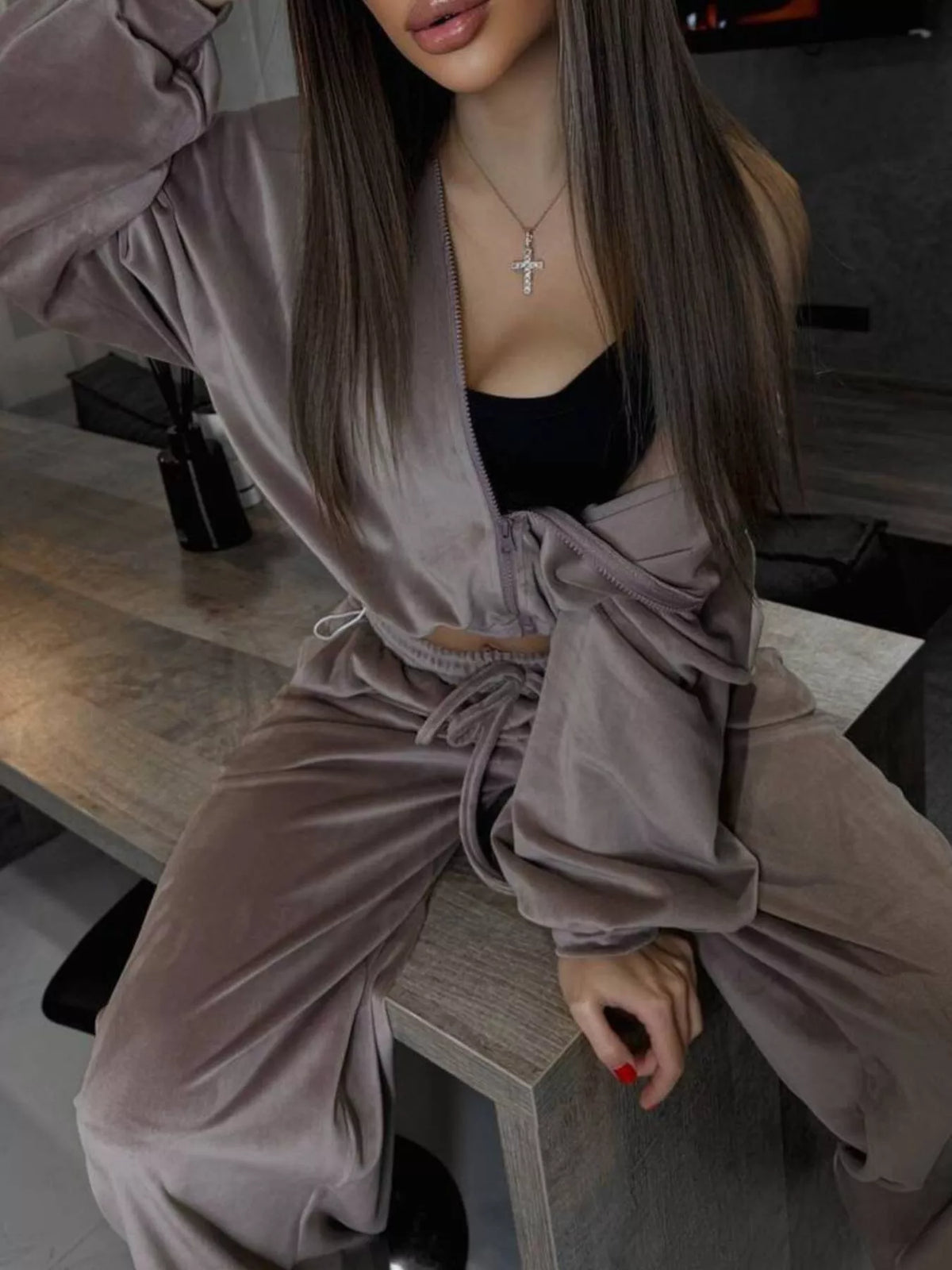 Trendsi Zip Up Hoodie and Wide-Leg Pants Set -