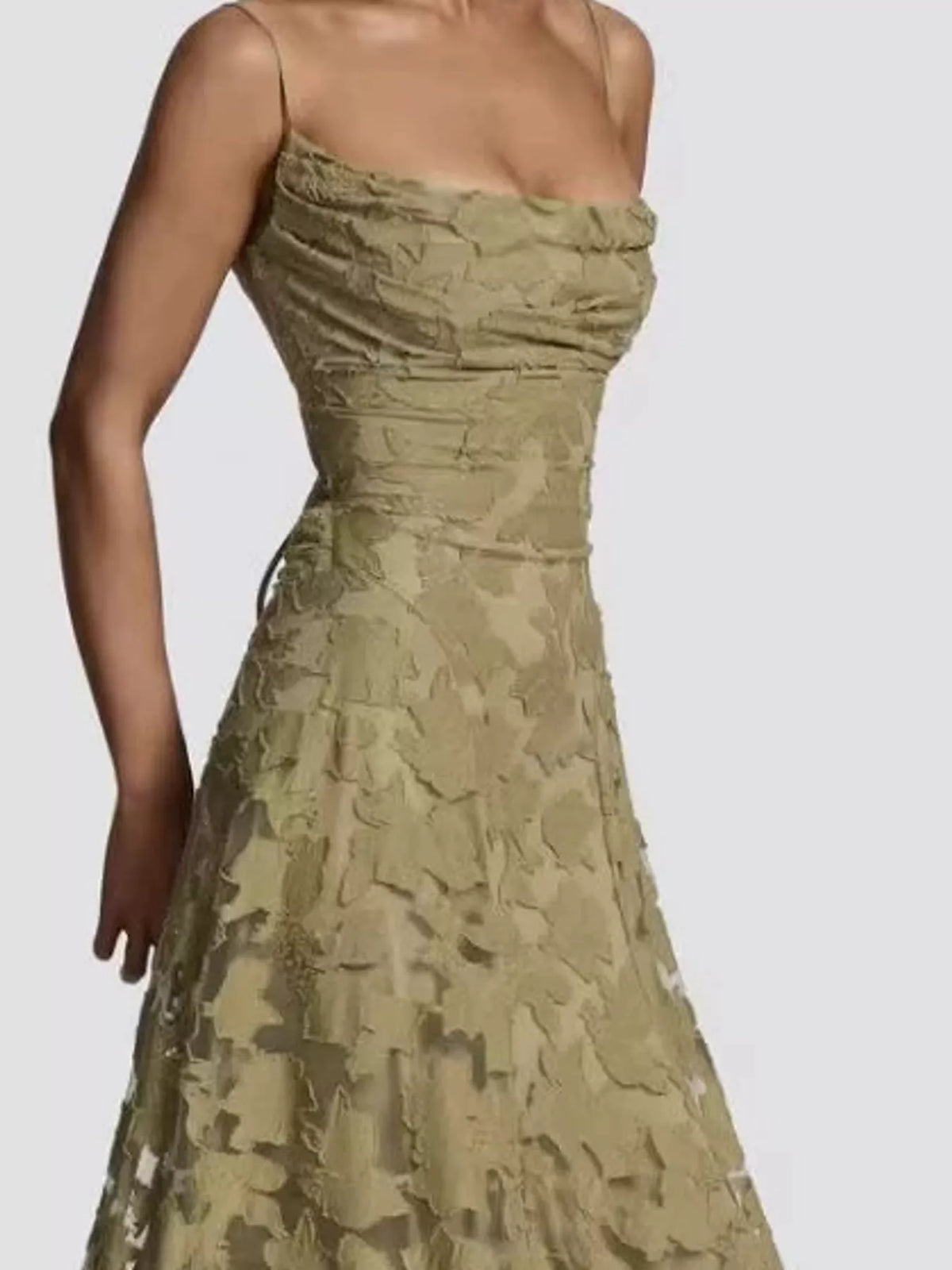 Cowl neck spaghetti-strap maxi dress, construction and design details
