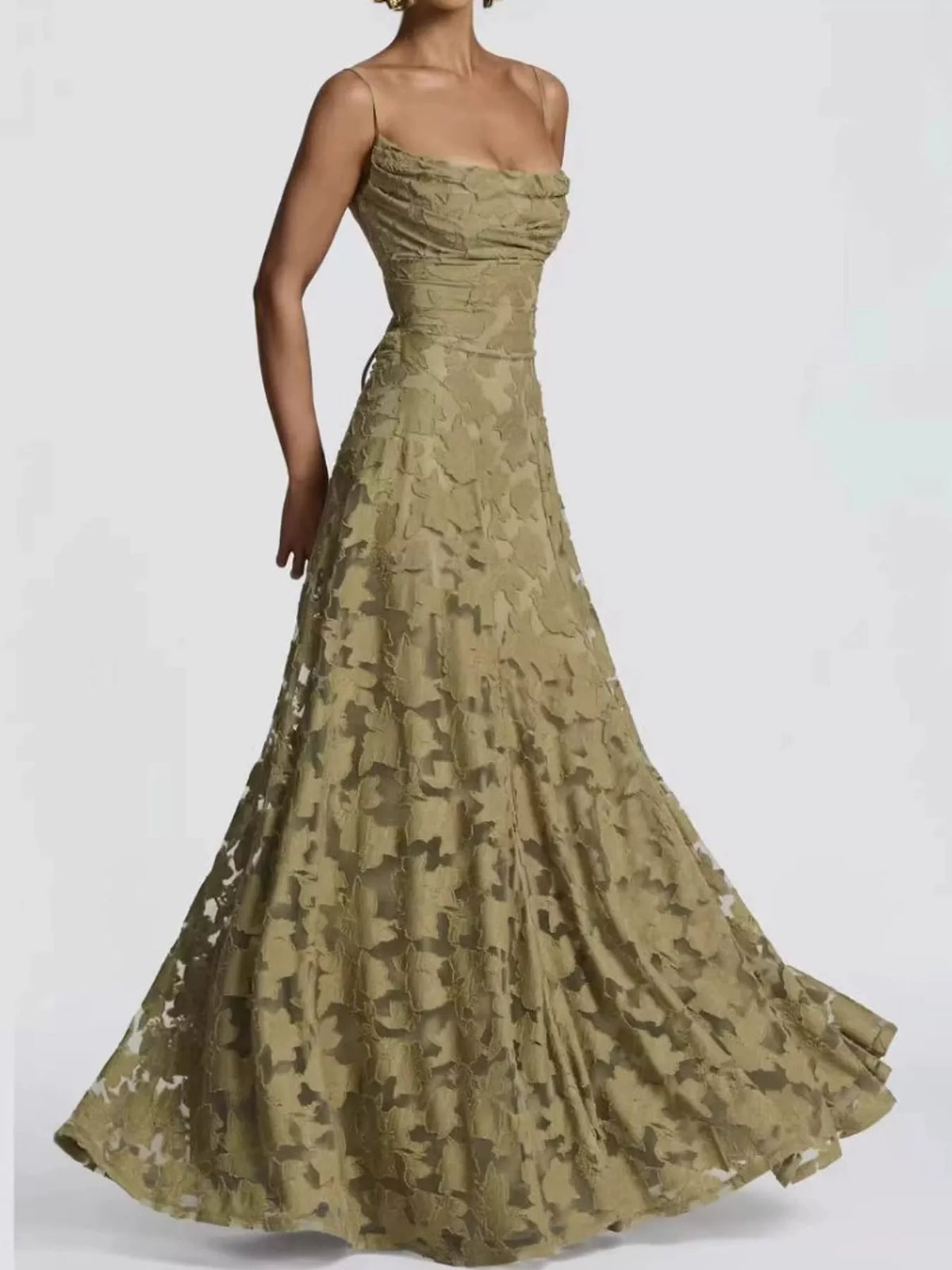 Cowl neck spaghetti-strap maxi dress, front view on model