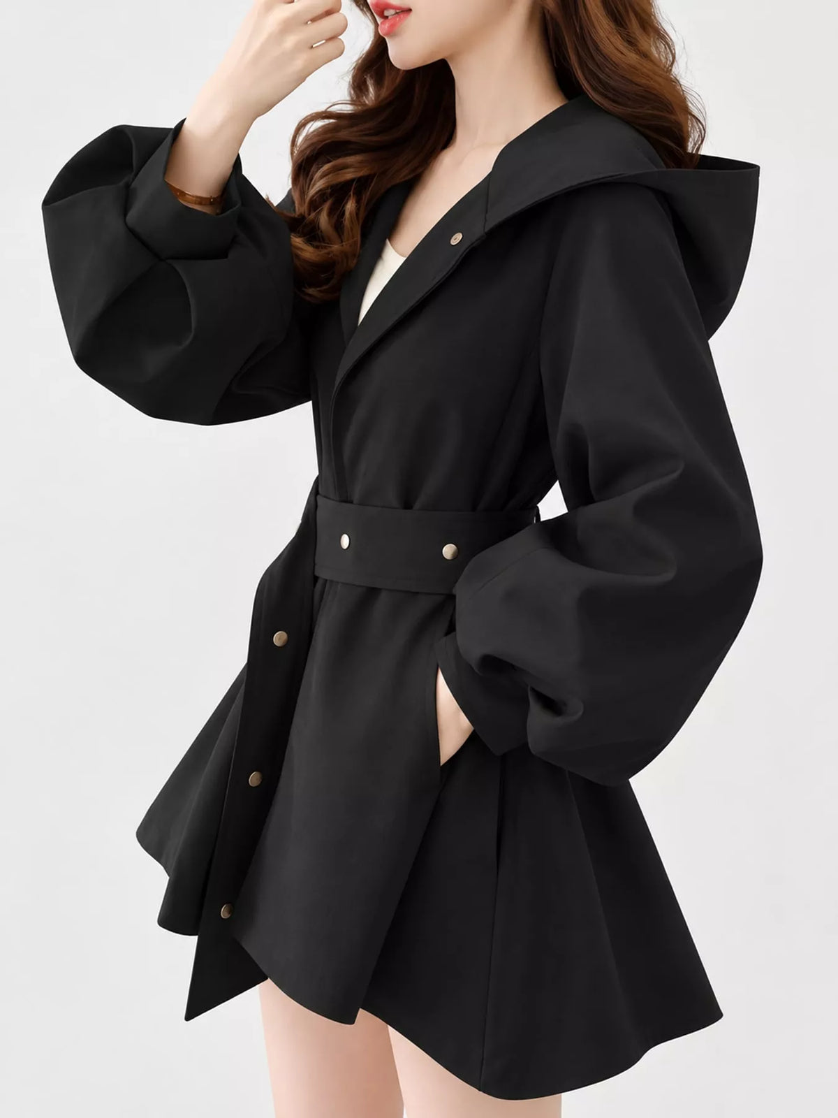 Black lantern sleeve hooded belted jacket