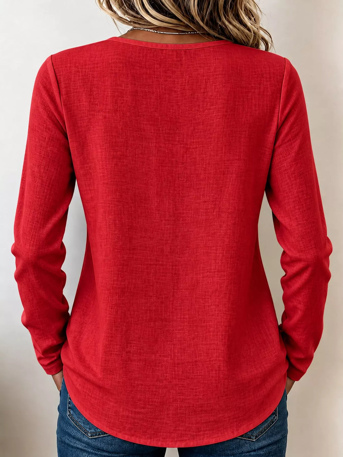 Red long sleeve decorative button blouse, back view
