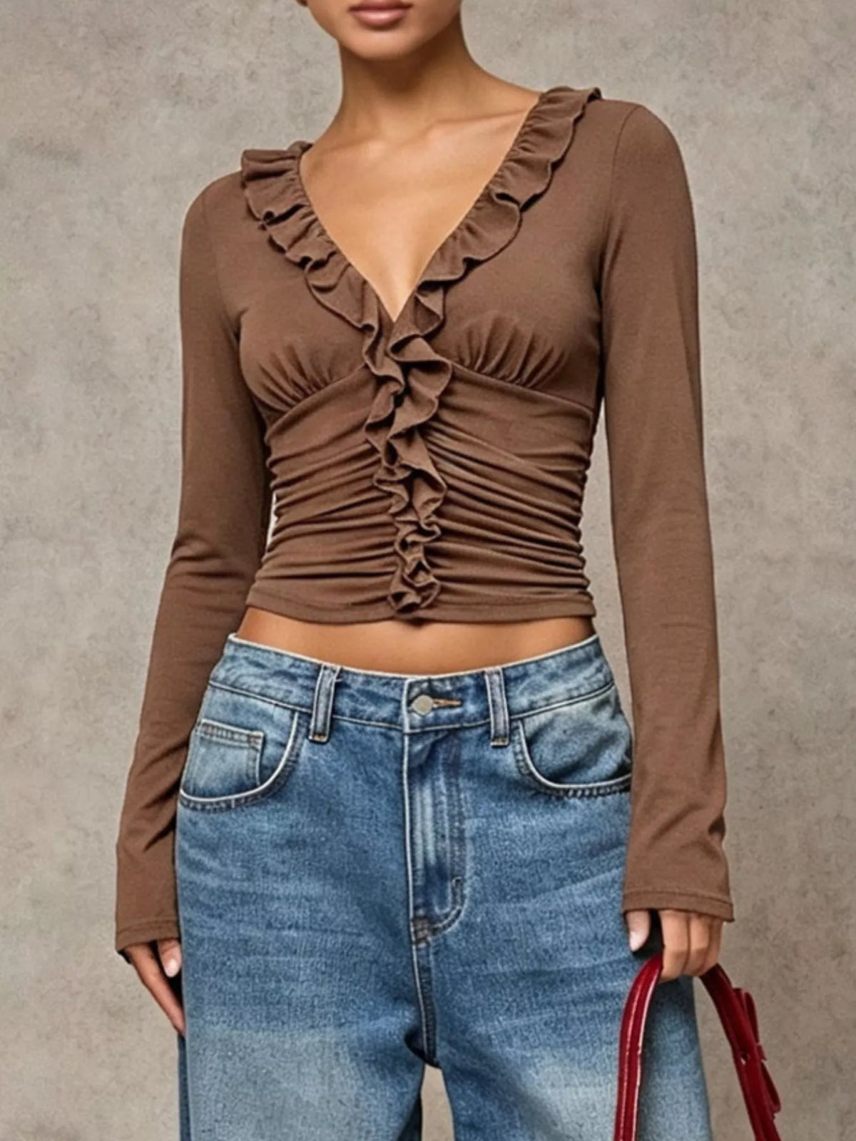V-neck ruffle-trim ruched long sleeve top