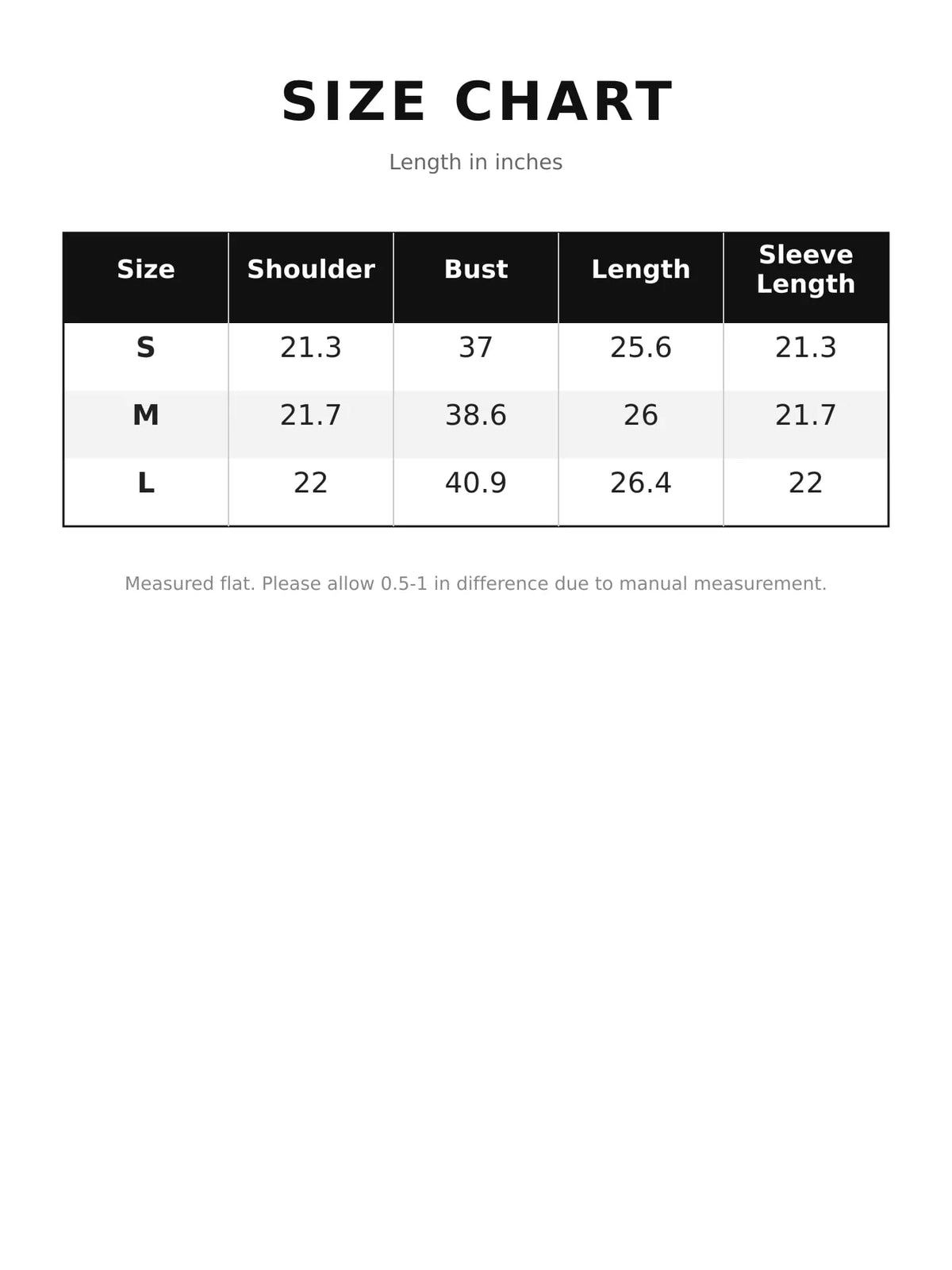 Size chart for contrast collar zip-up jacket