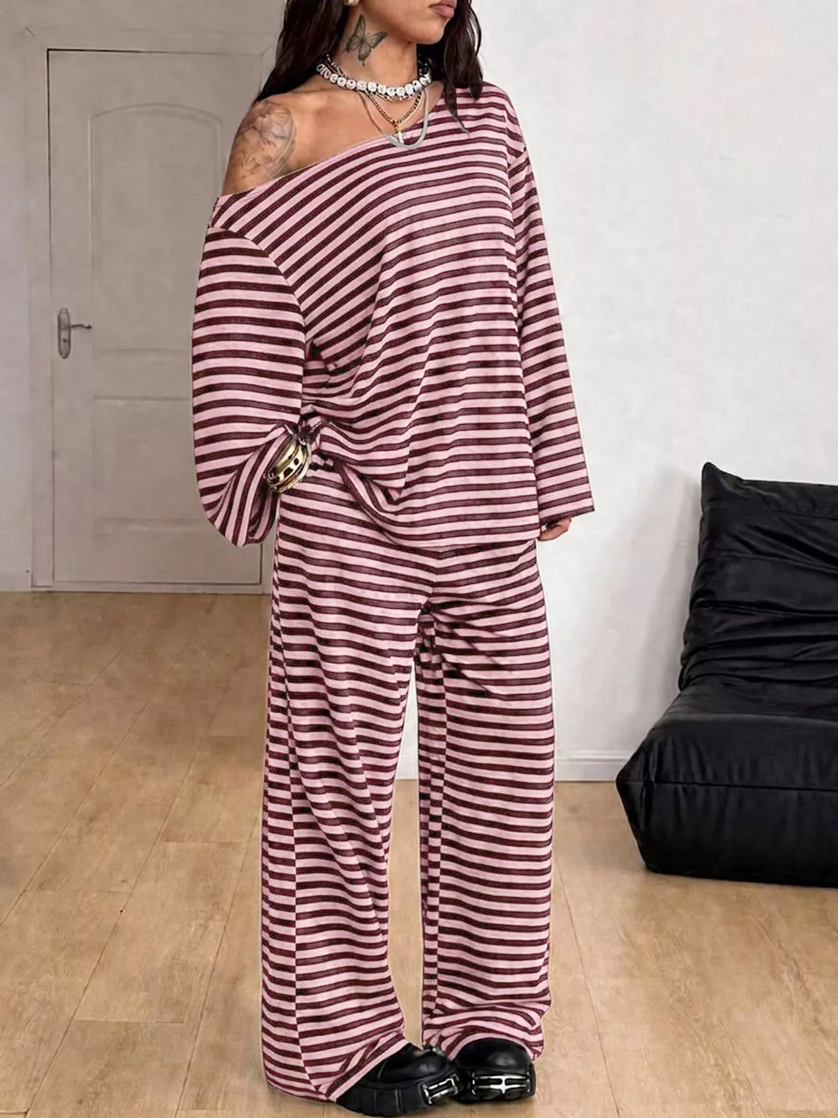 Off-Shoulder Striped Long Sleeve Top and Wide Leg Pants Set in burgundy and white