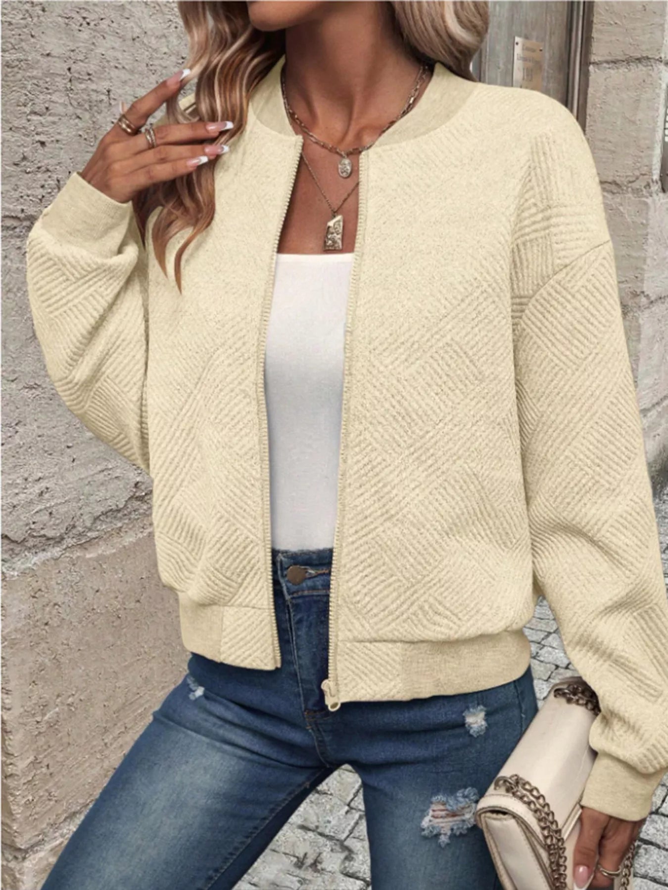 Trendsi Textured Knit Zip-Up Bomber Jacket -
