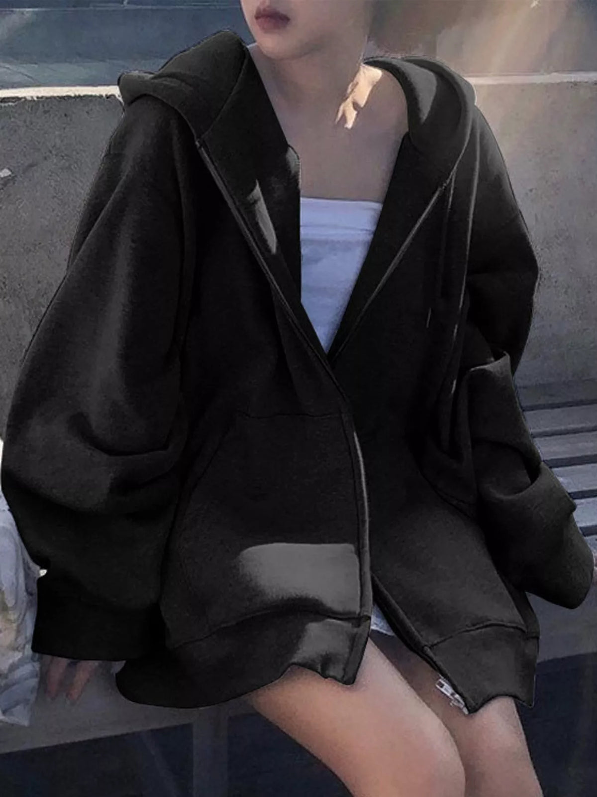 Zip-up hoodie, black seated view
