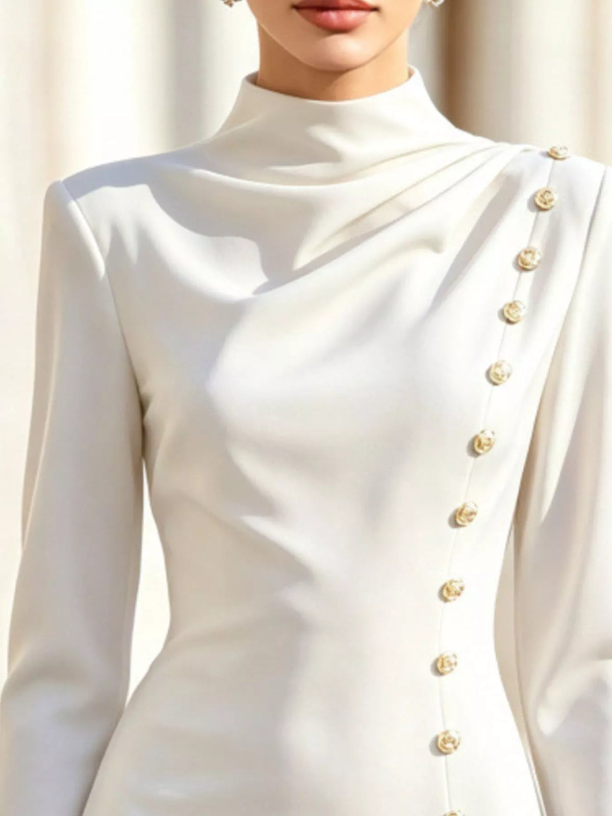 Mock-neck button-detail bodycon mini dress in white, draped neckline and button detail