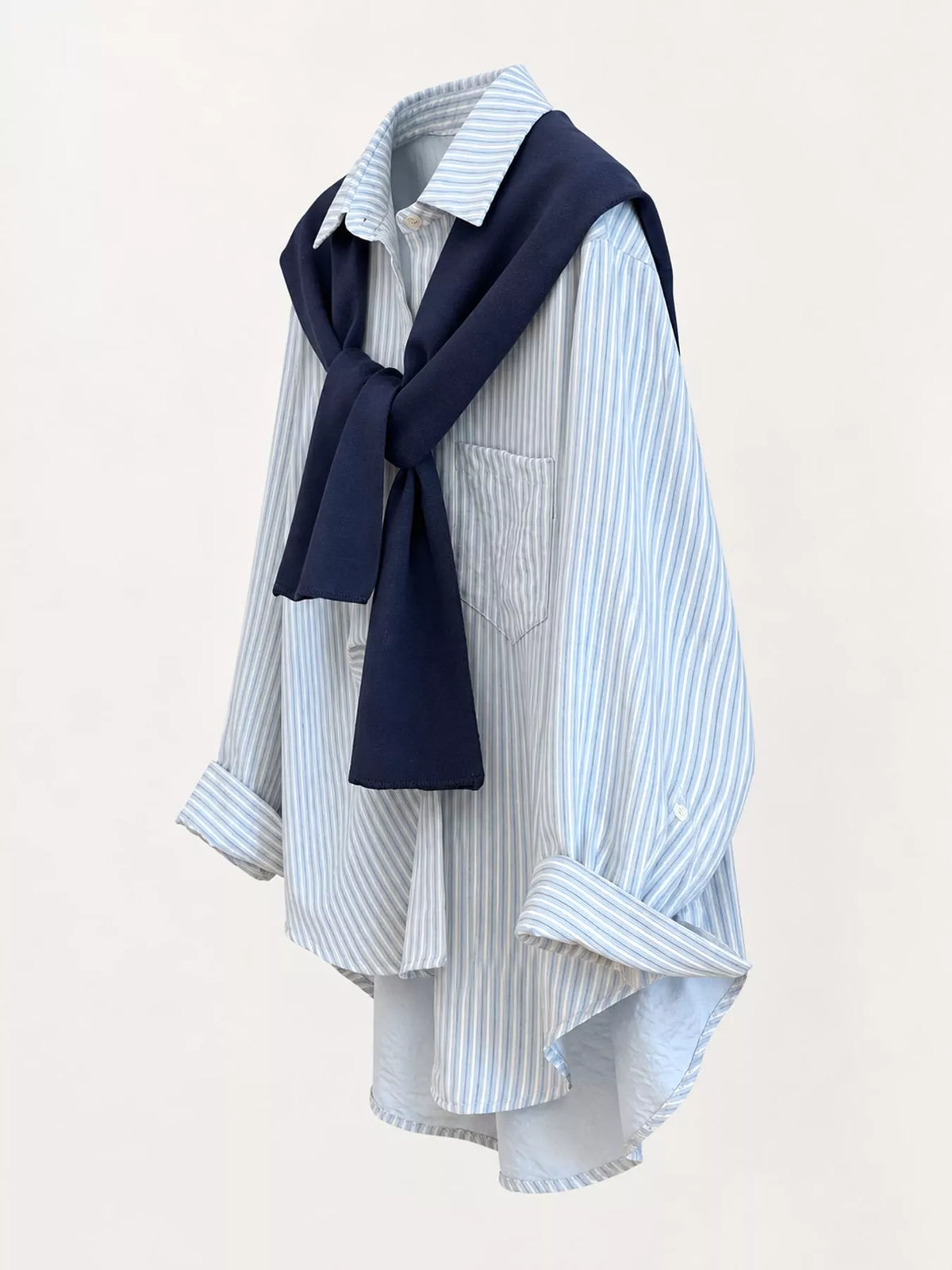 Striped High-Low Shirt with Knit Shawl — side view