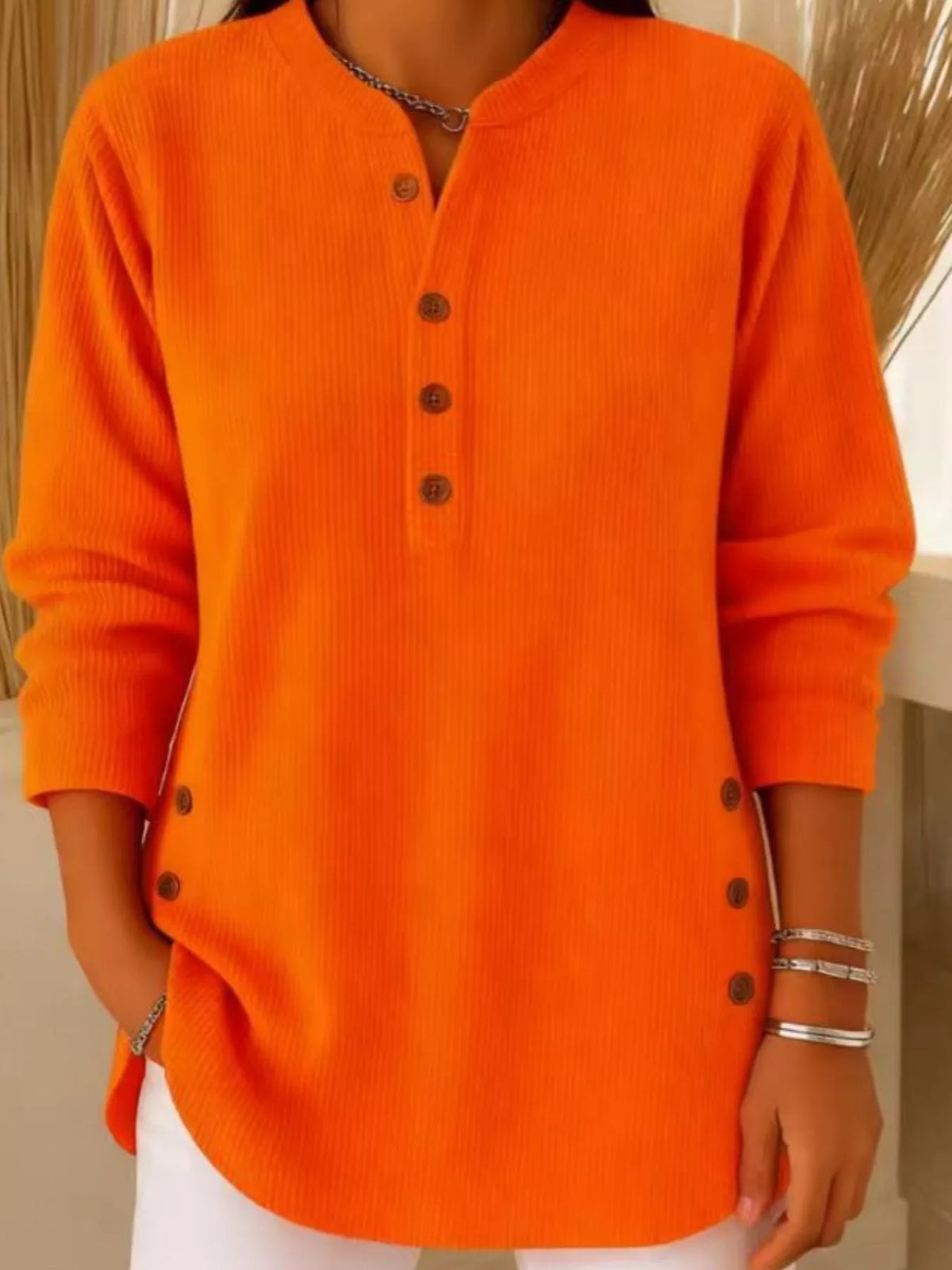 Women's Button Detail Corduroy Top in Orange, front view