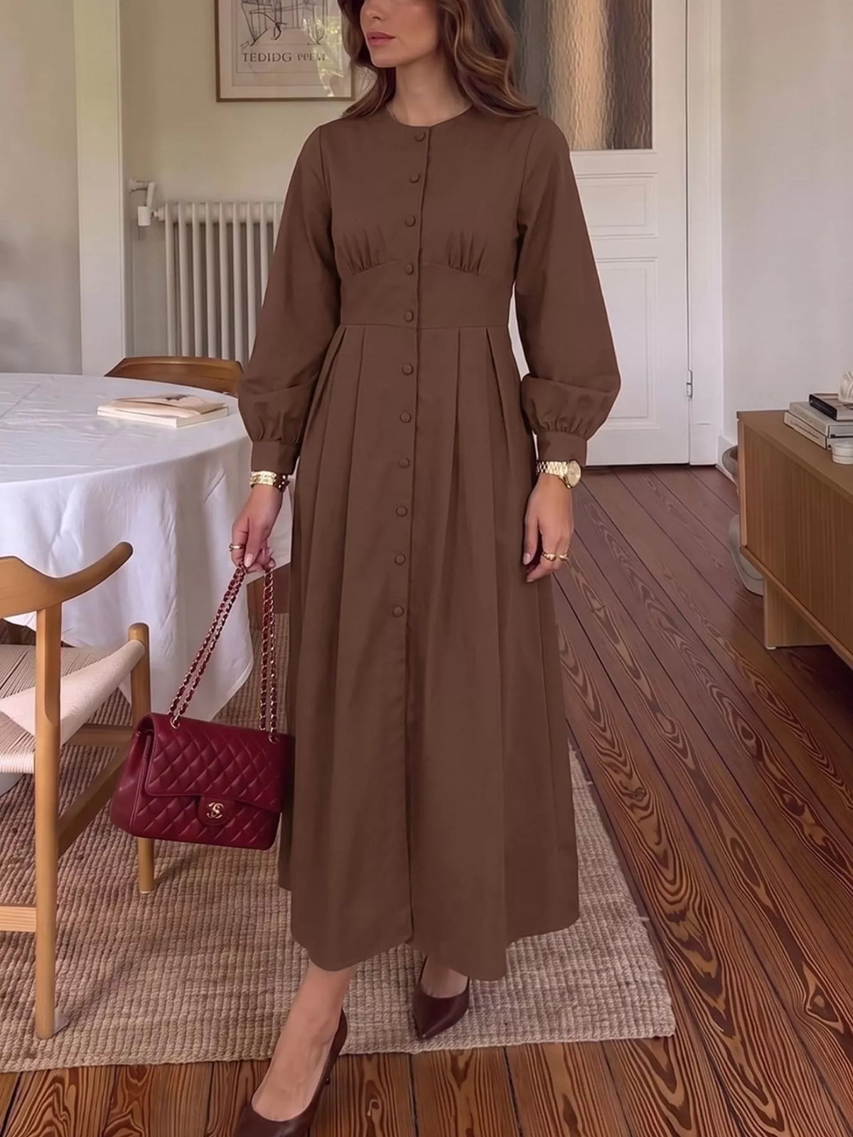 Brown button-down long sleeve midi dress
