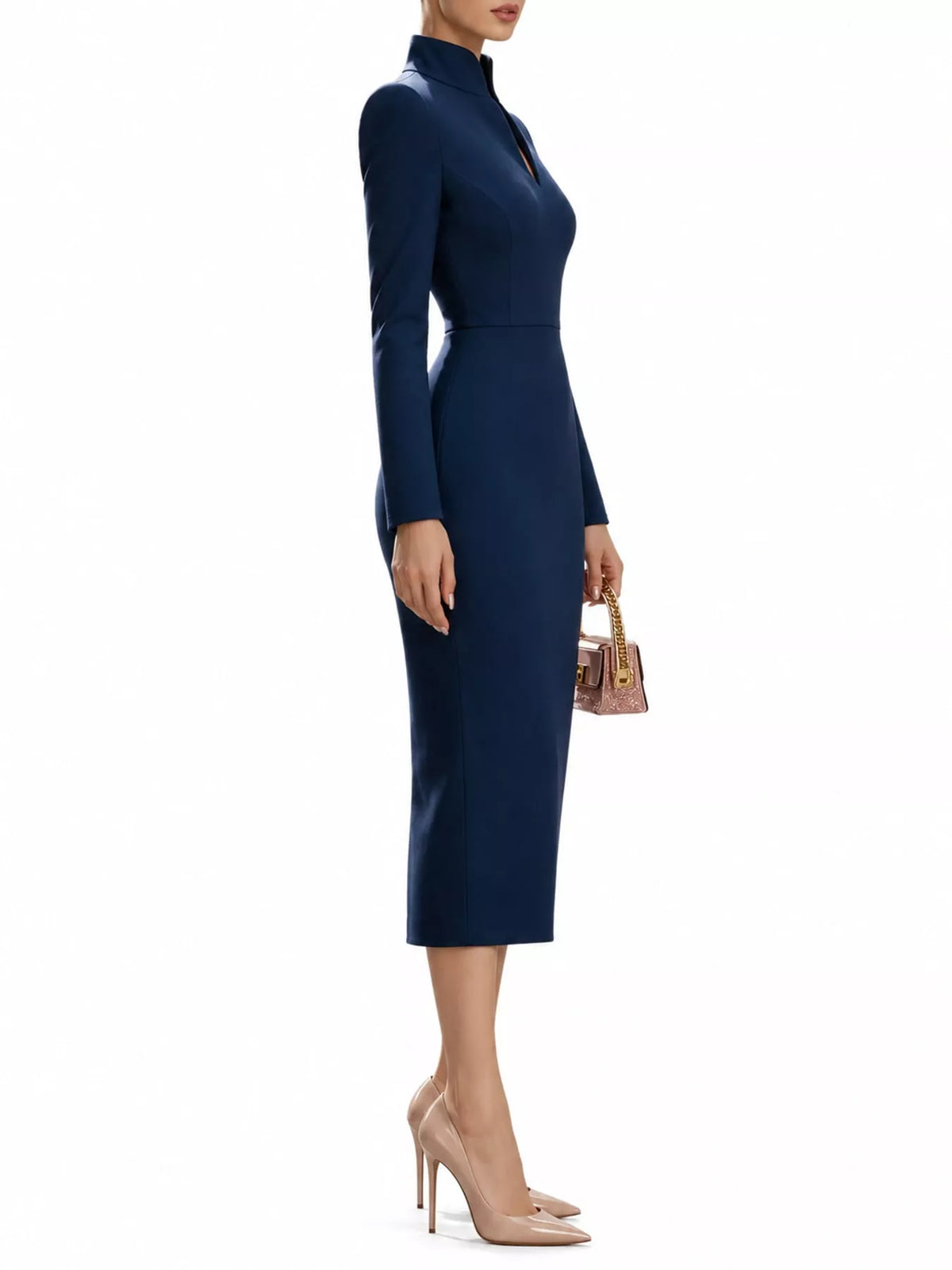Women's Stand-Collar Long-Sleeve Midi Dress in navy — side view