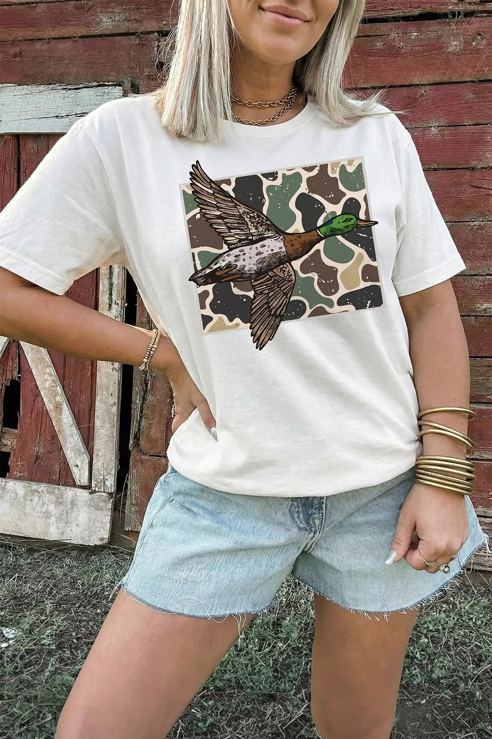Women's white camo mallard duck graphic short sleeve T-shirt