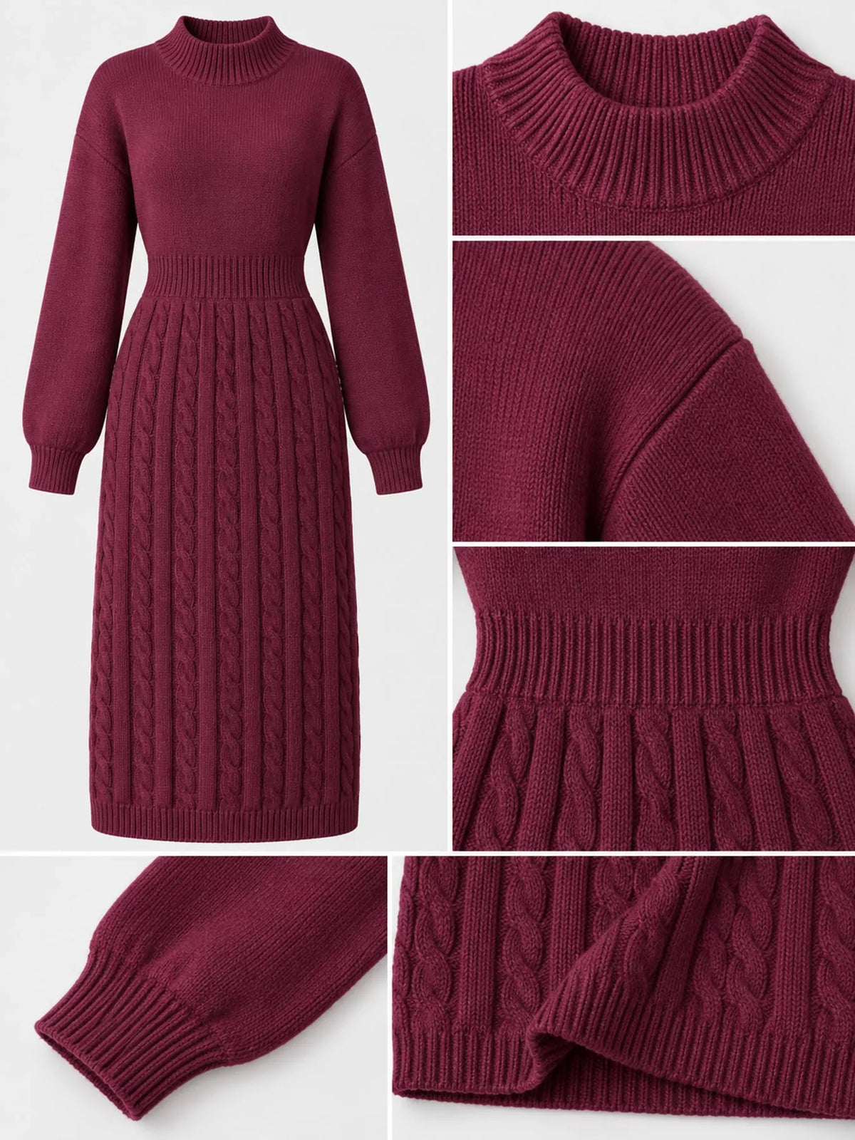 Women's Mock Neck Cable Knit Sweater Dress with Front Slit in burgundy — detail collage view