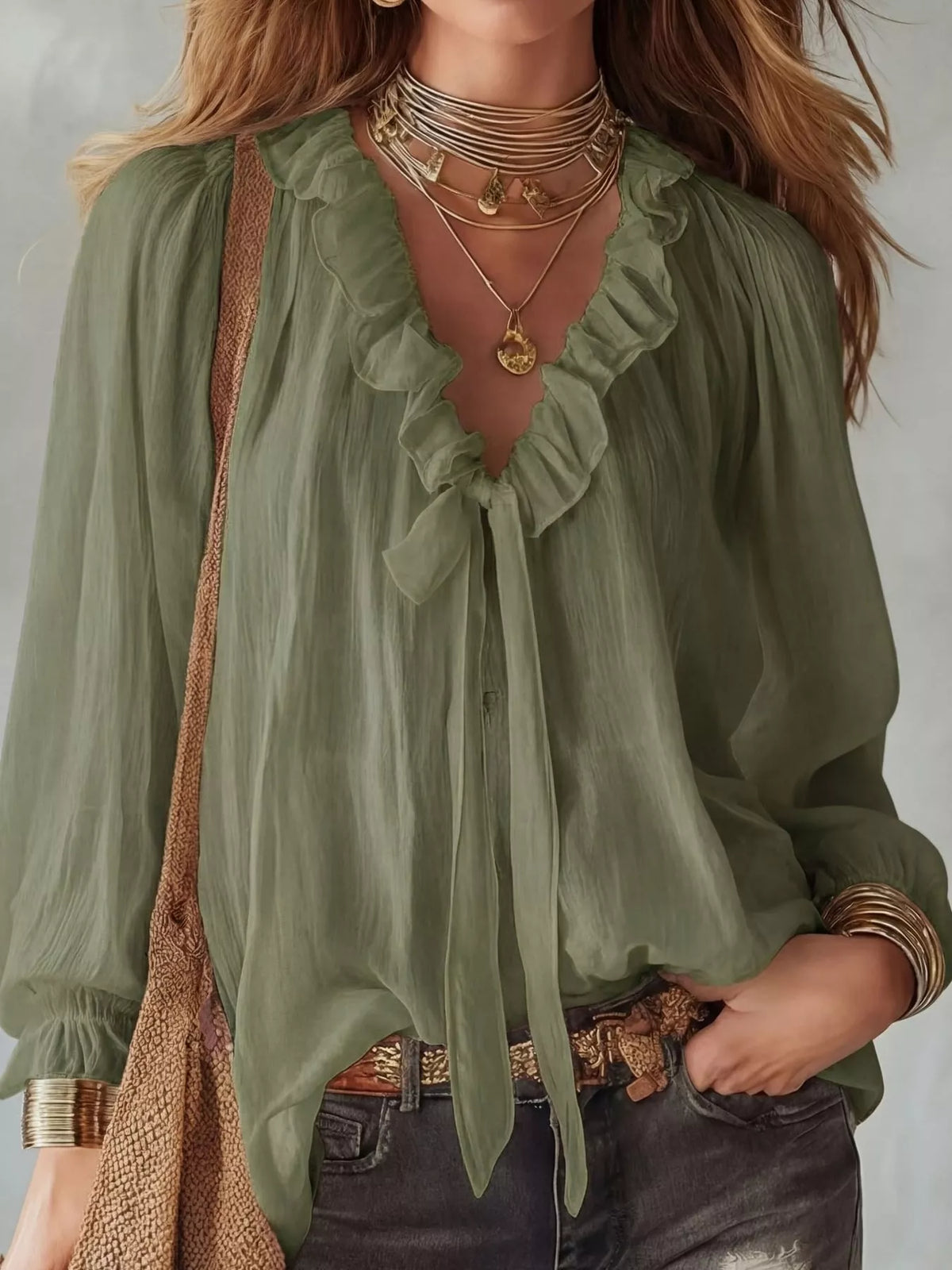 V-neck long sleeve blouse, front view on model