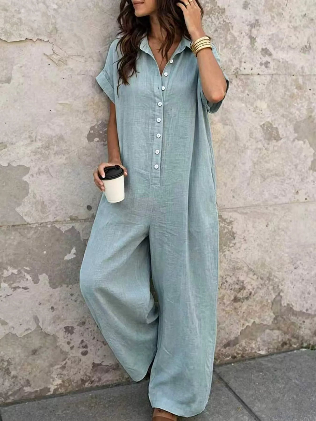 Light blue button-front jumpsuit, front view