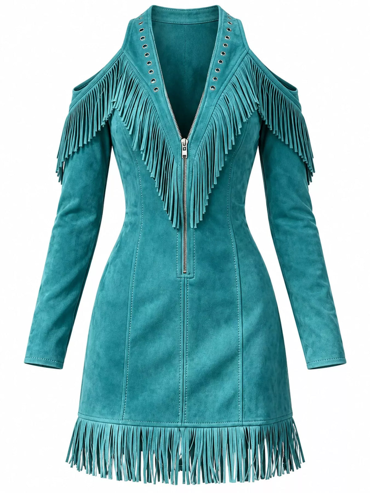 Fringed cold-shoulder dress, teal fringe and zip front