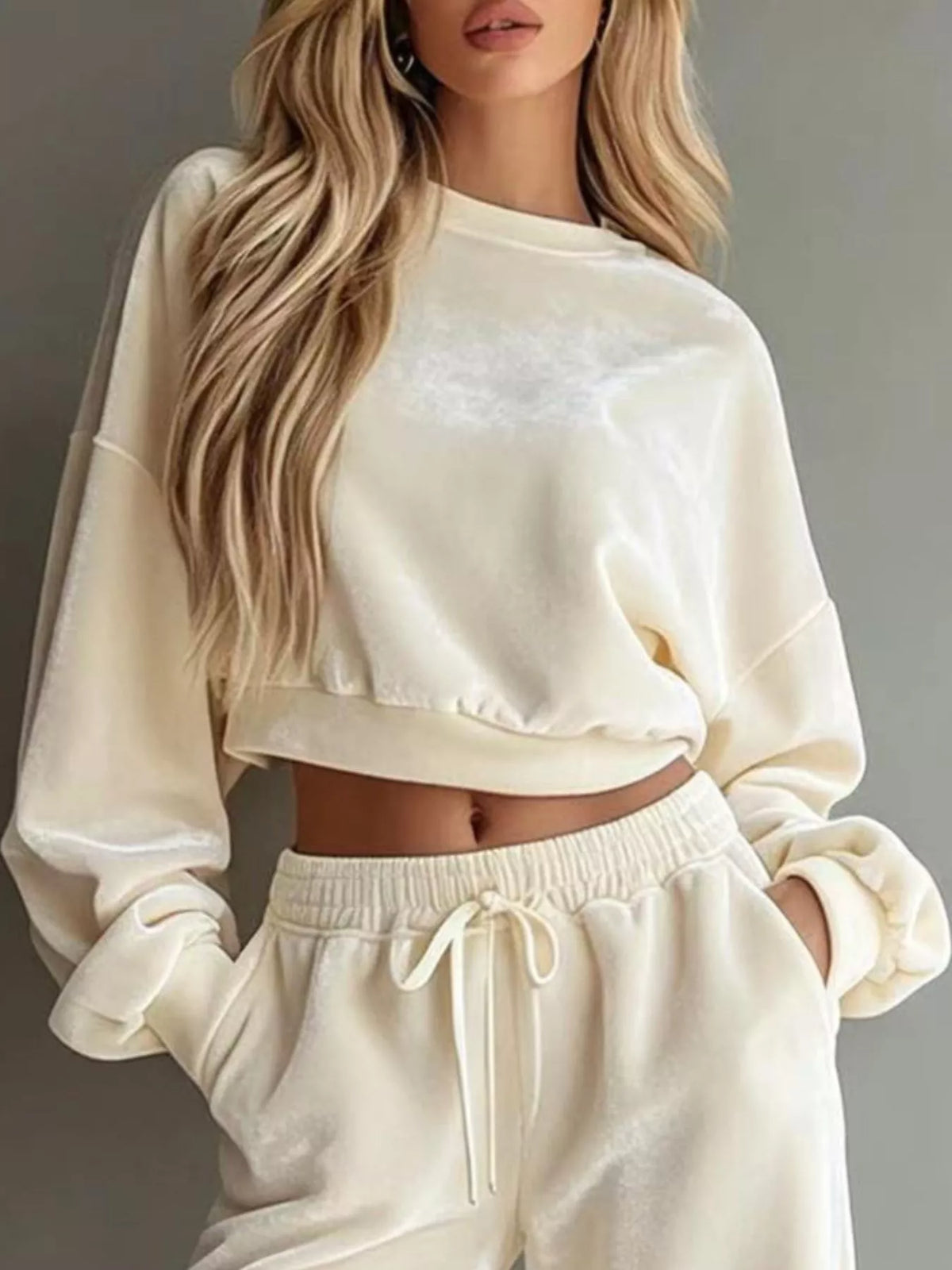 Cream Cropped Sweatshirt & Wide-Leg Pants Set top and waistband detail