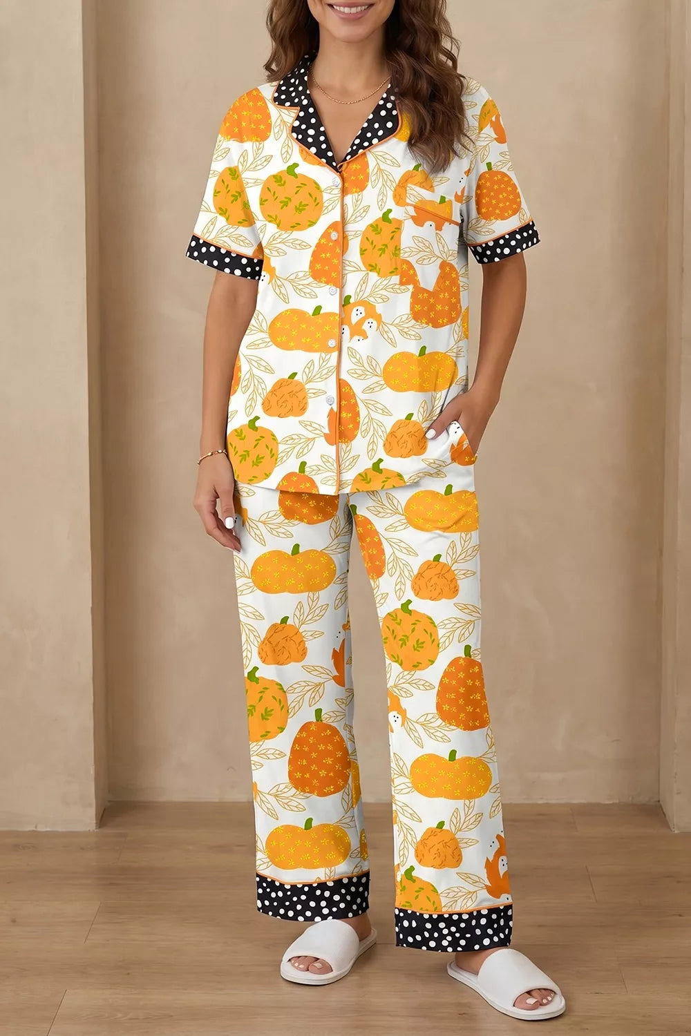 Trendsi Short Sleeve Pumpkin Print Polka Dot Trim Pocket Placket Lounge Set -