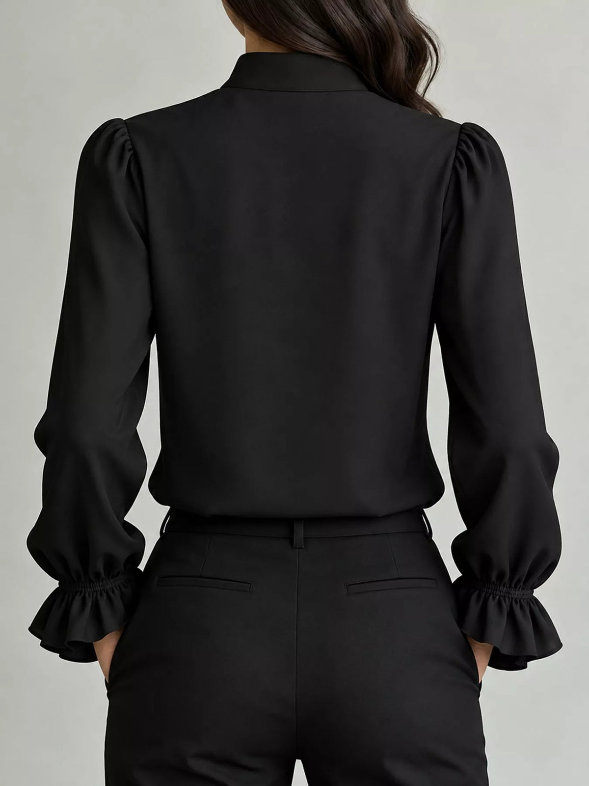 Ruffled Stand-Collar Blouse with Long Lantern Sleeves, back view