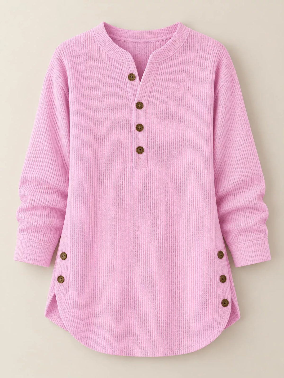 Pink button detail long sleeve top, front view