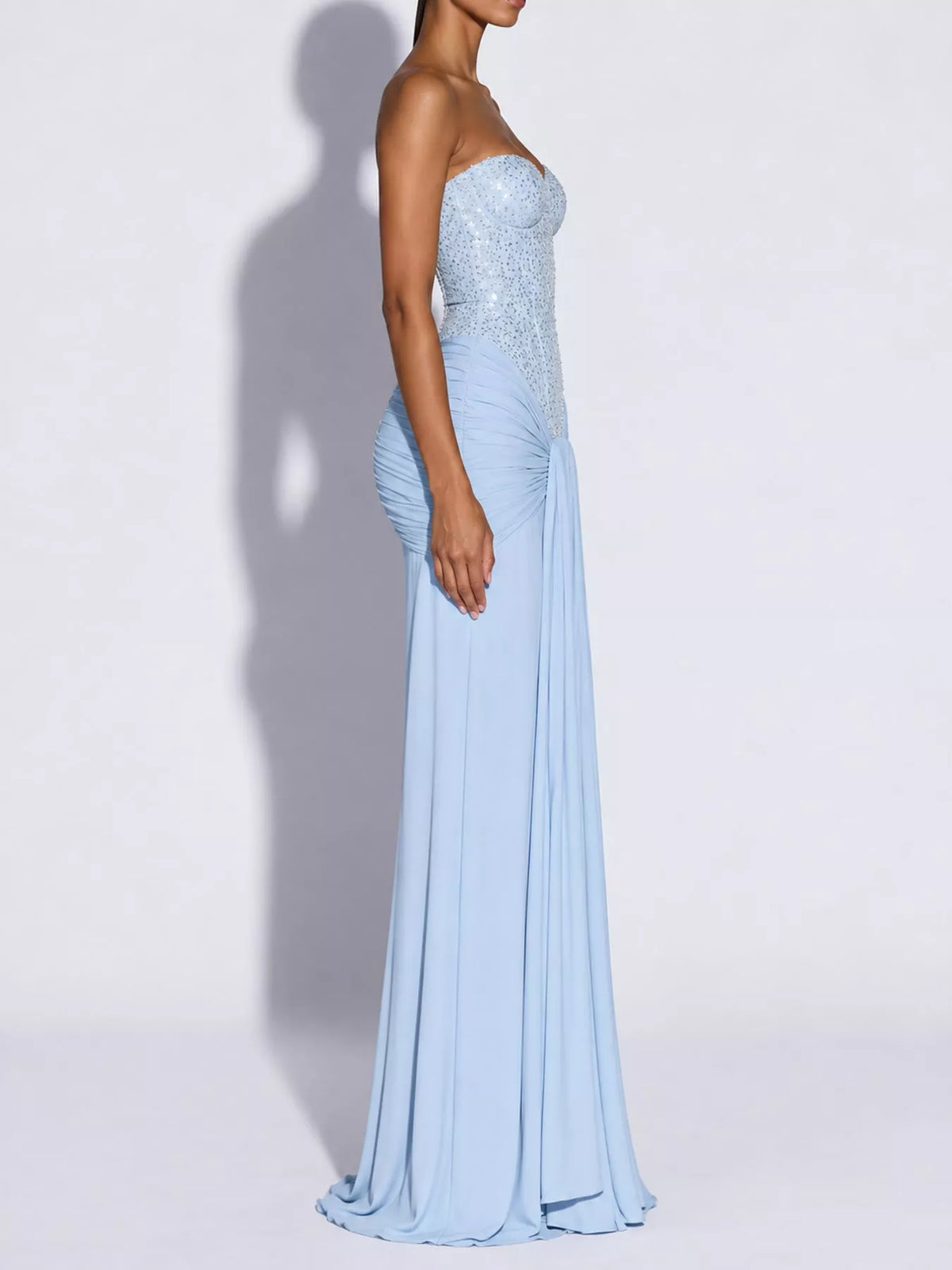 Strapless Sequin Corset Maxi Dress, side view