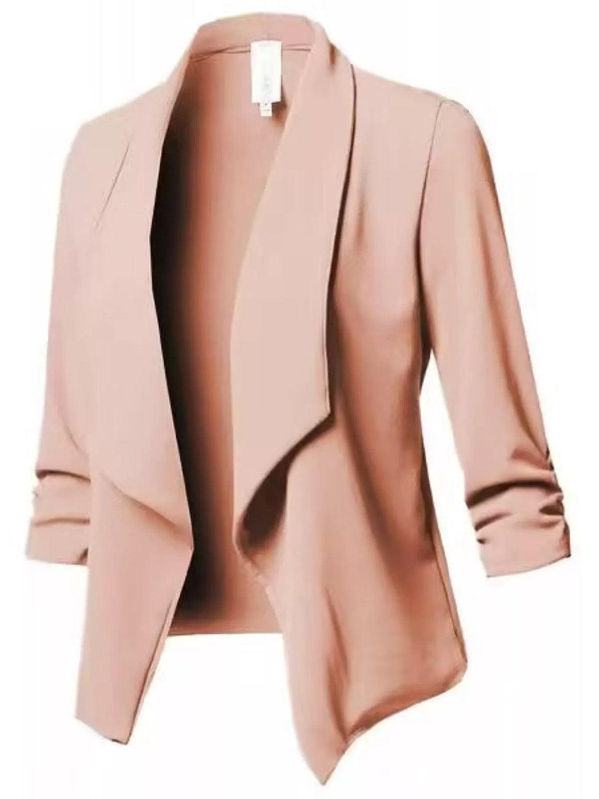 Blush open-front blazer with ruched 3/4 sleeves