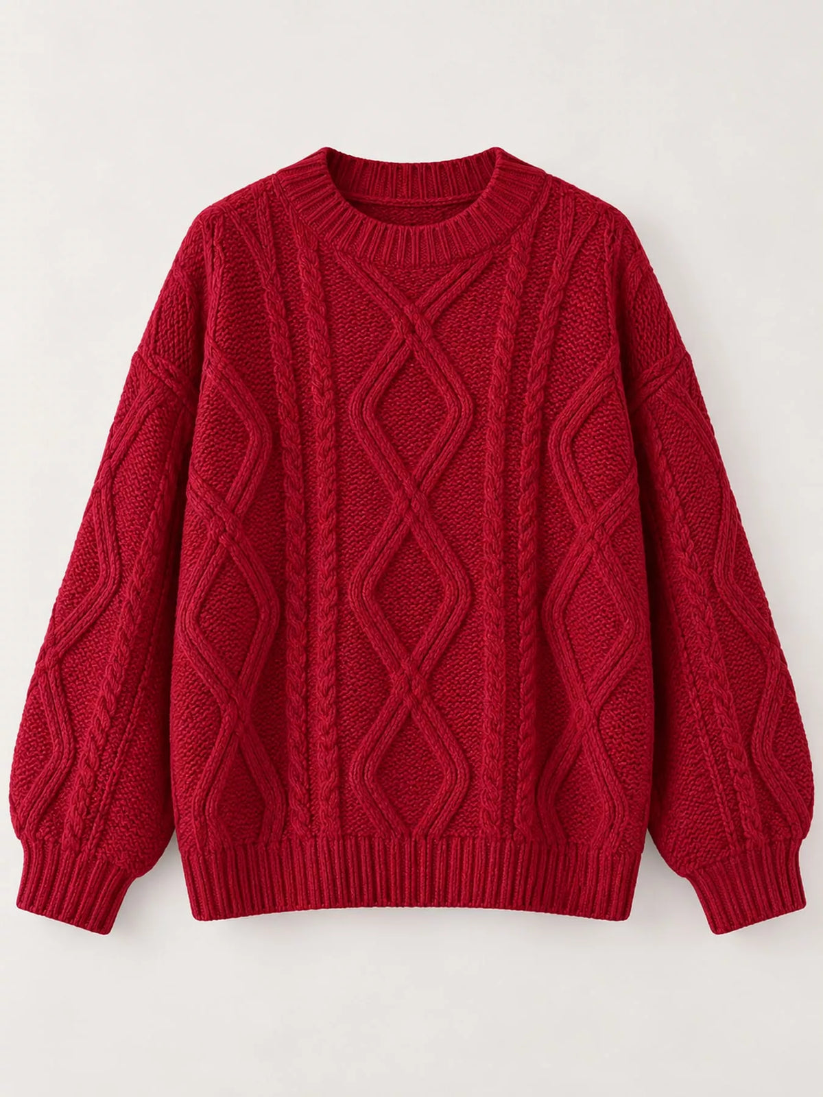 Red cable-knit round neck sweater