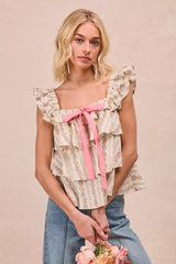 Trendsi BiBi Floral Printed Woven Front Bow Tied Ruffled Square Neck Sleeveless Top -