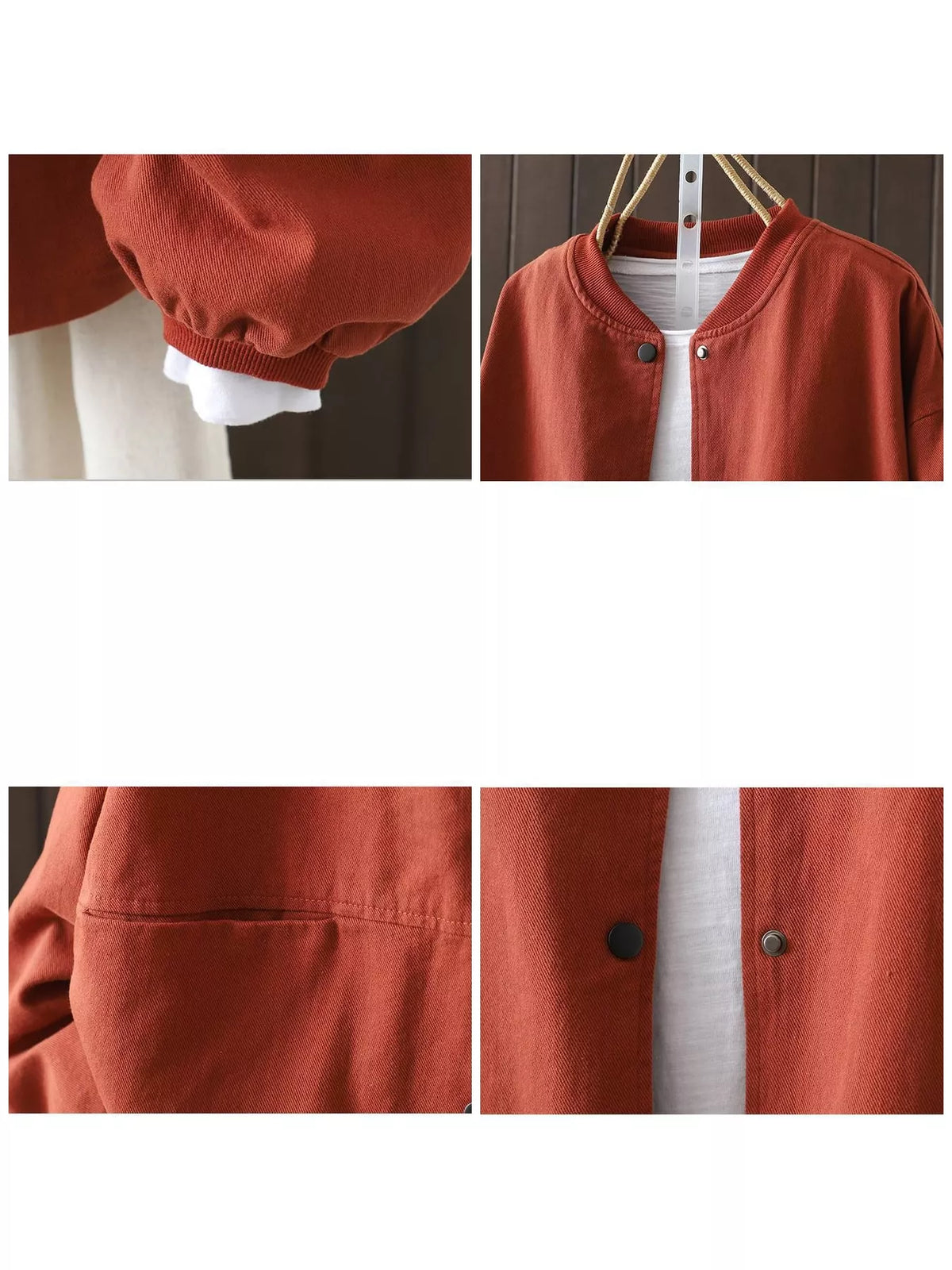 Rust red snap front dropped shoulder jacket, detail view