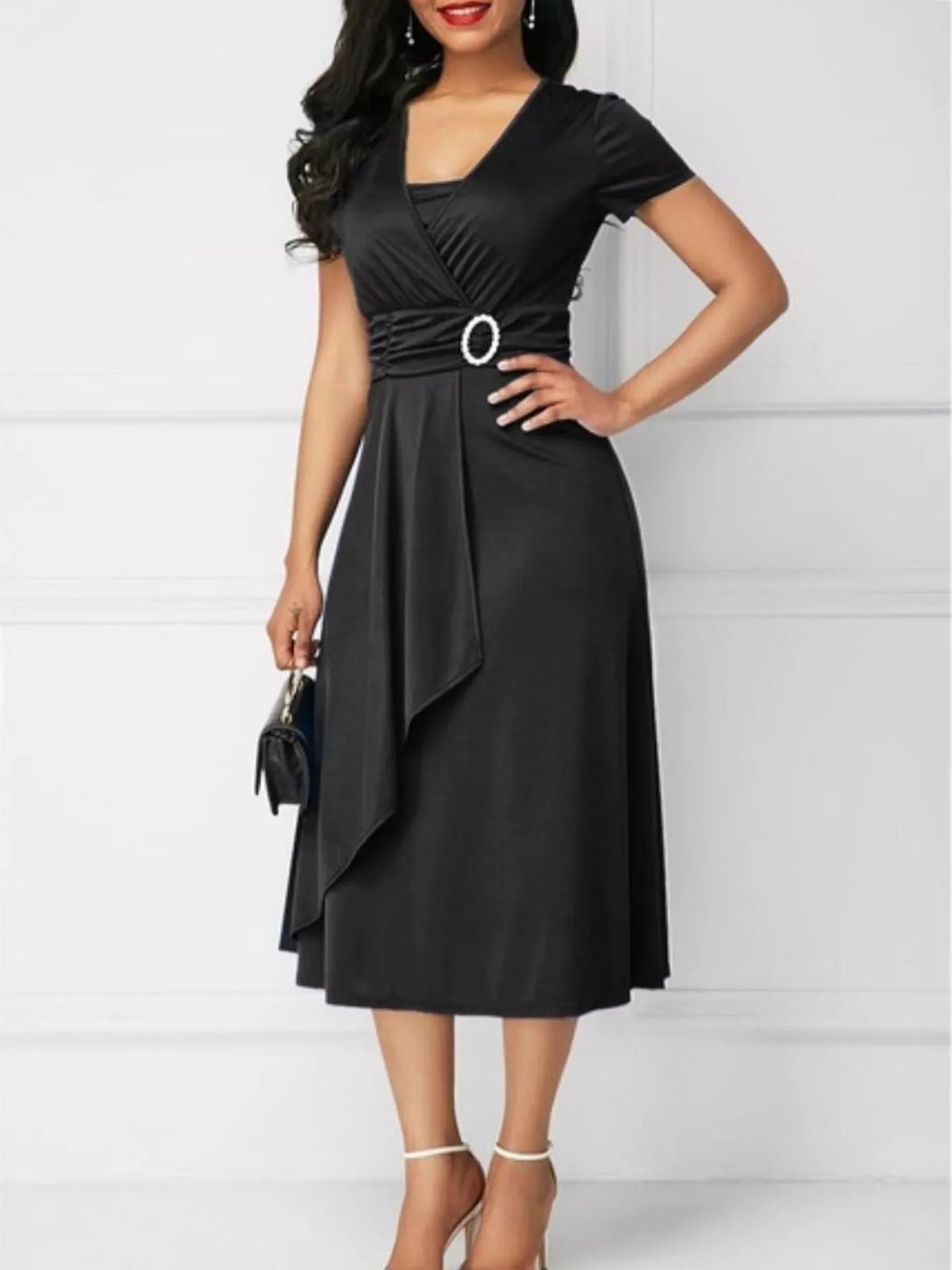 Decorative Buckle Short Sleeve Dress — front view