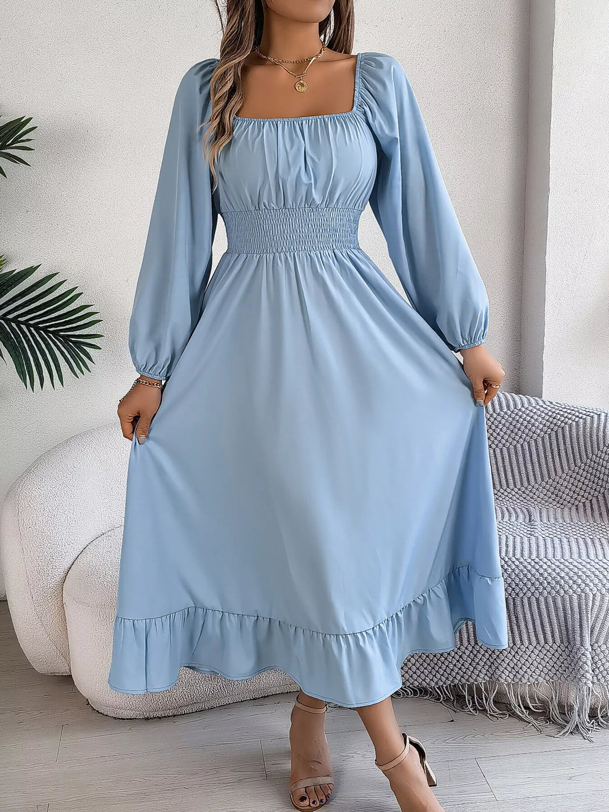 Light blue square neck smocked waist long sleeve midi dress