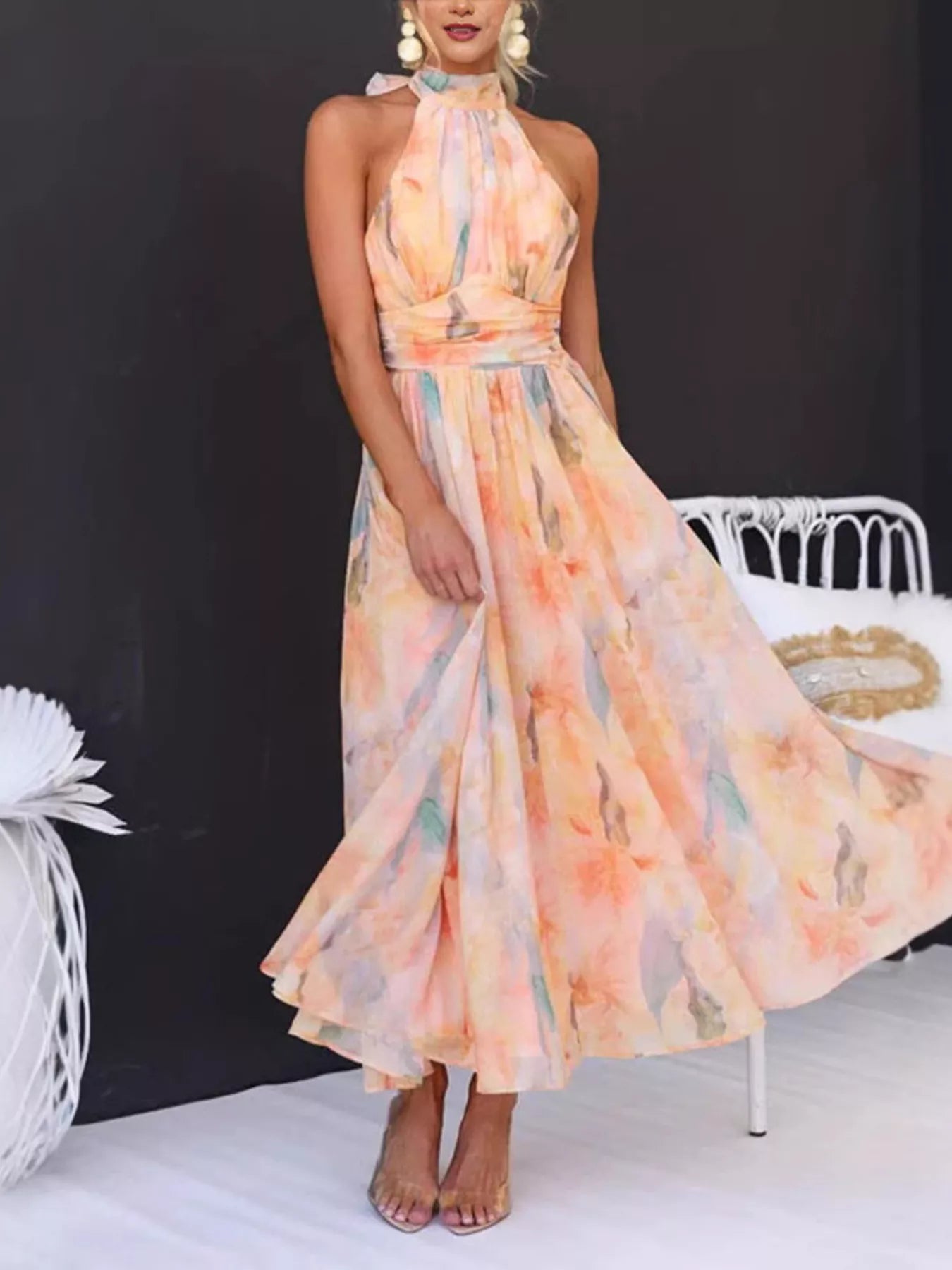 Trendsi Full Size Halter Neck Floral Print Maxi Dress Plus Size -