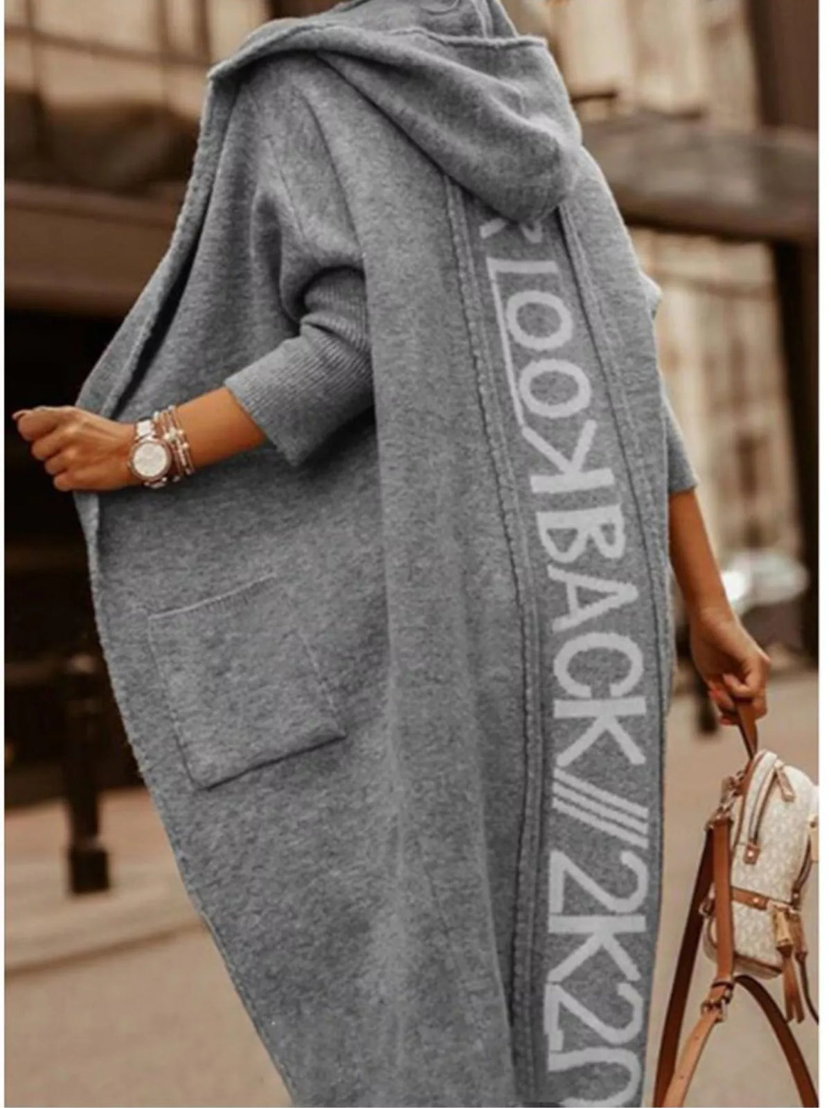 Women's Letter Back Hooded Cardigan in Dark Gray, front view