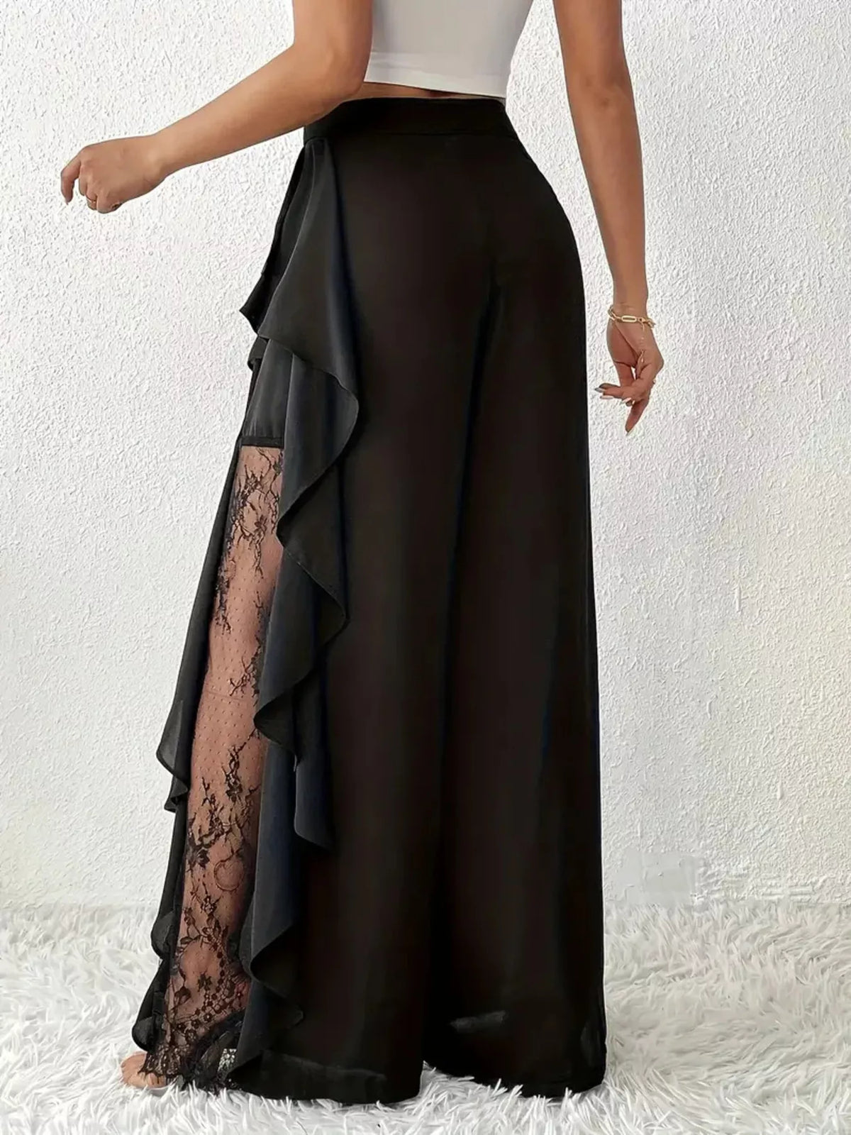 Black Ruffled Wide-Leg Pants with Lace Trim back lace-panel view