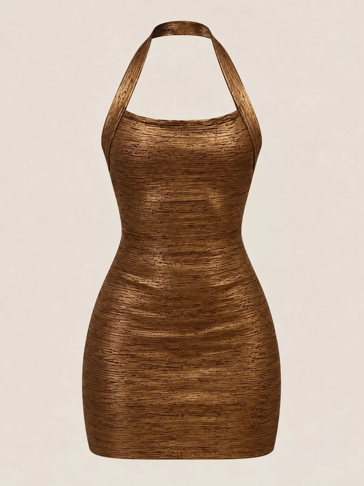 Bronze halter neck bodycon dress, front view
