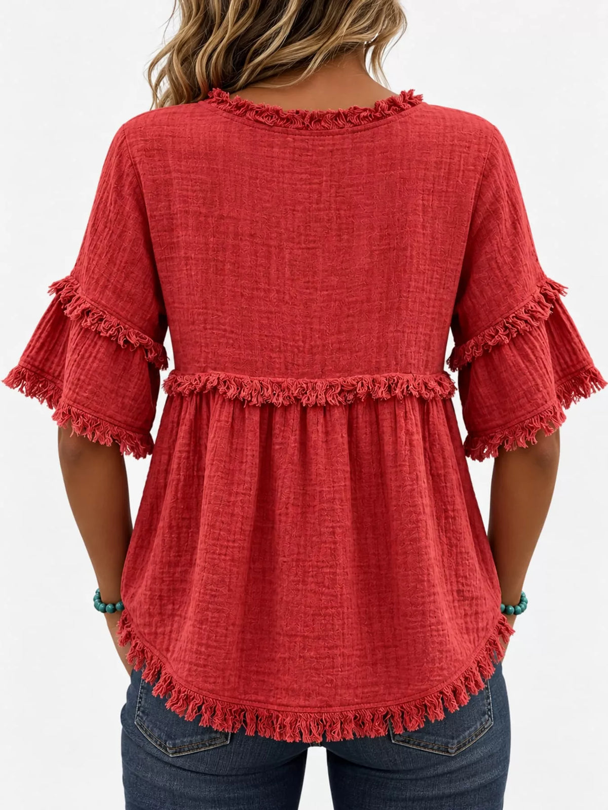 Red frayed edge textured blouse, back view