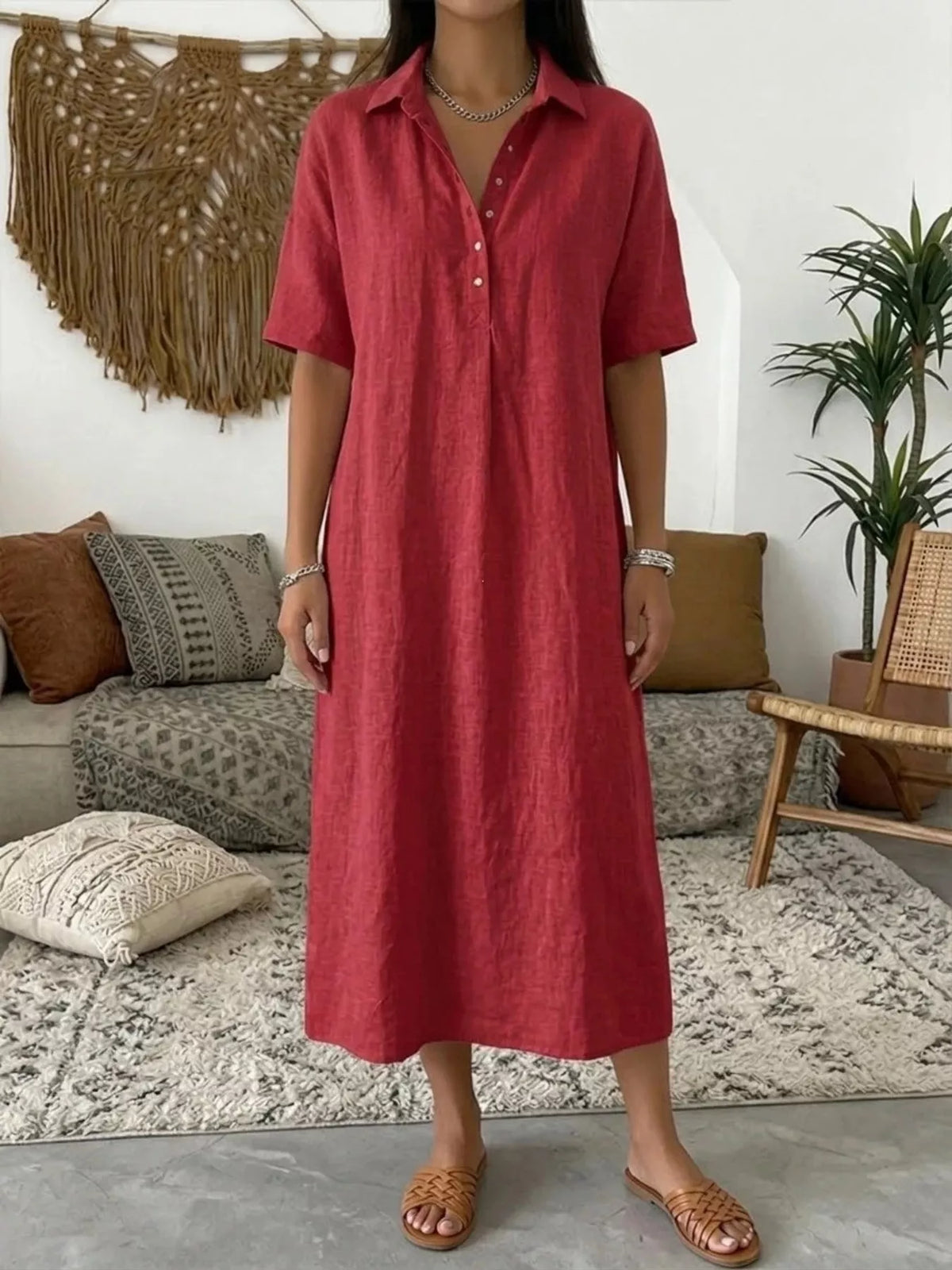 Red Button-Front Short Sleeve Midi Shirt Dress front view