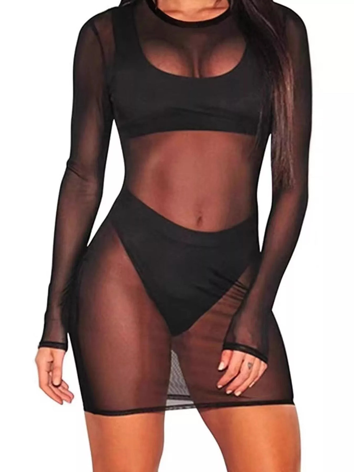 Round neck long sleeve mini top, front view on model