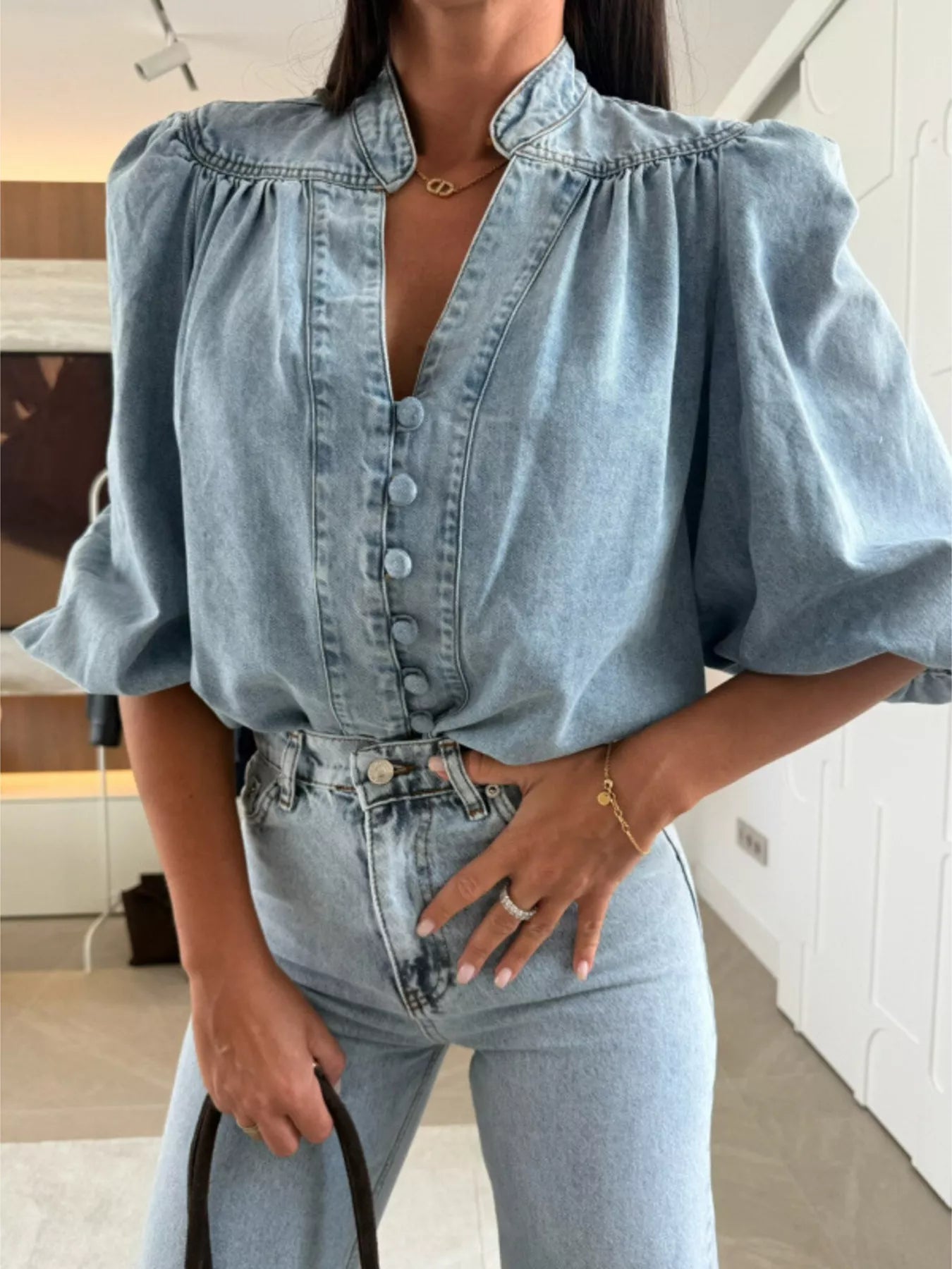 Trendsi Puff Sleeve Button Front Denim Top -