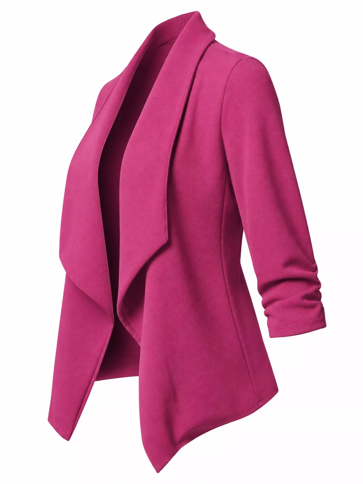 Pink open-front blazer with ruched 3/4 sleeves, side view