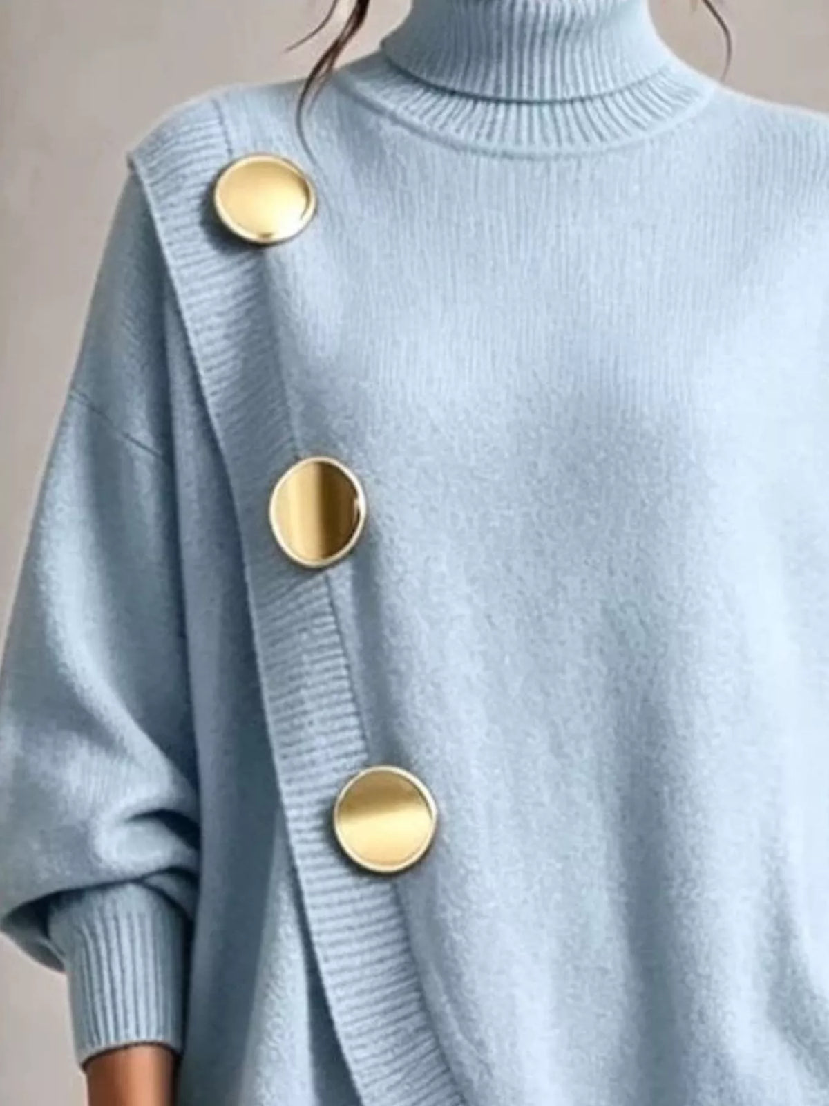 Turtleneck Asymmetric Sweater and Pants Set, button detail