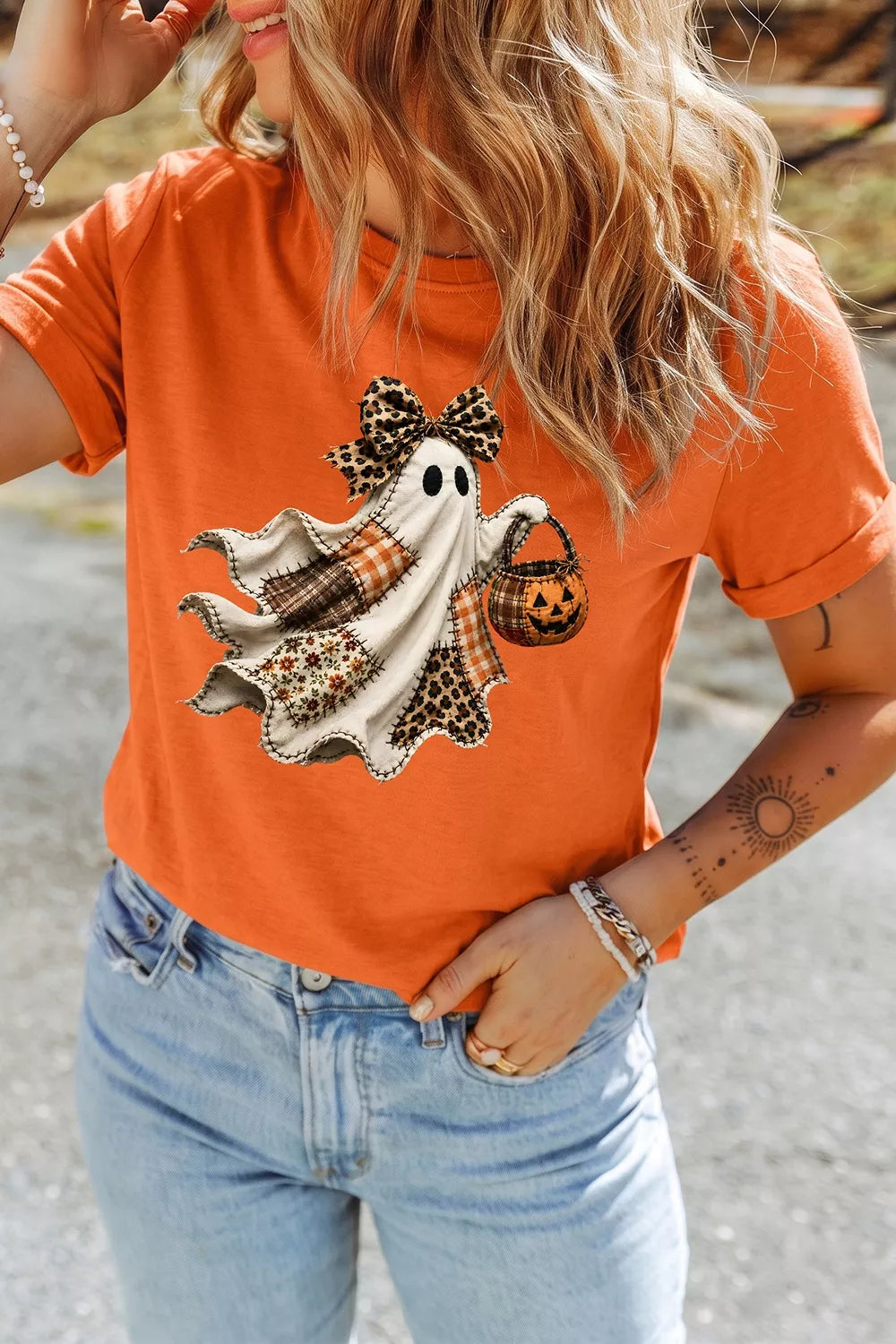 Orange Halloween Ghost Graphic Short Sleeve T-Shirt front view