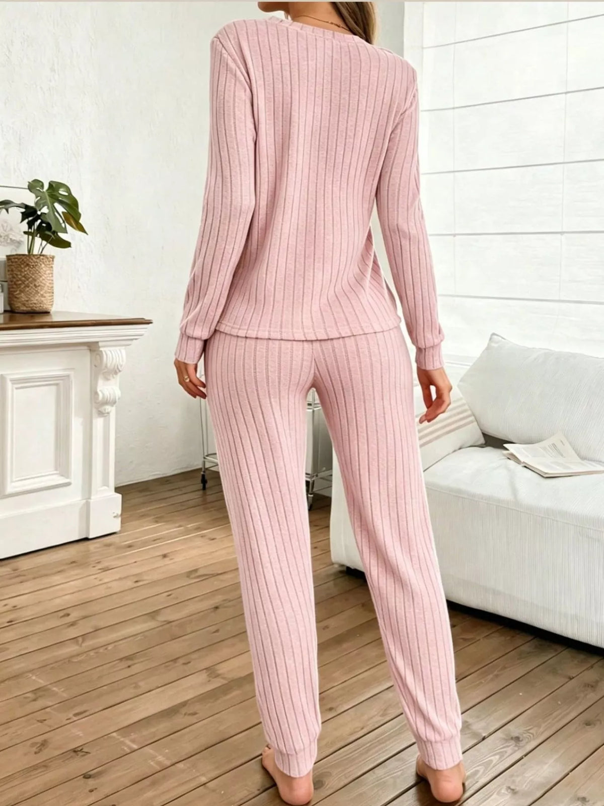 Ribbed Knit Long Sleeve Top and Pants Loungewear Set — back view