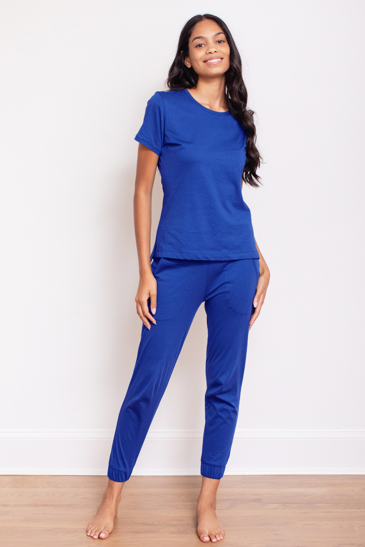 Midnight Blue Pima cotton tee and jogger pajama set, front view